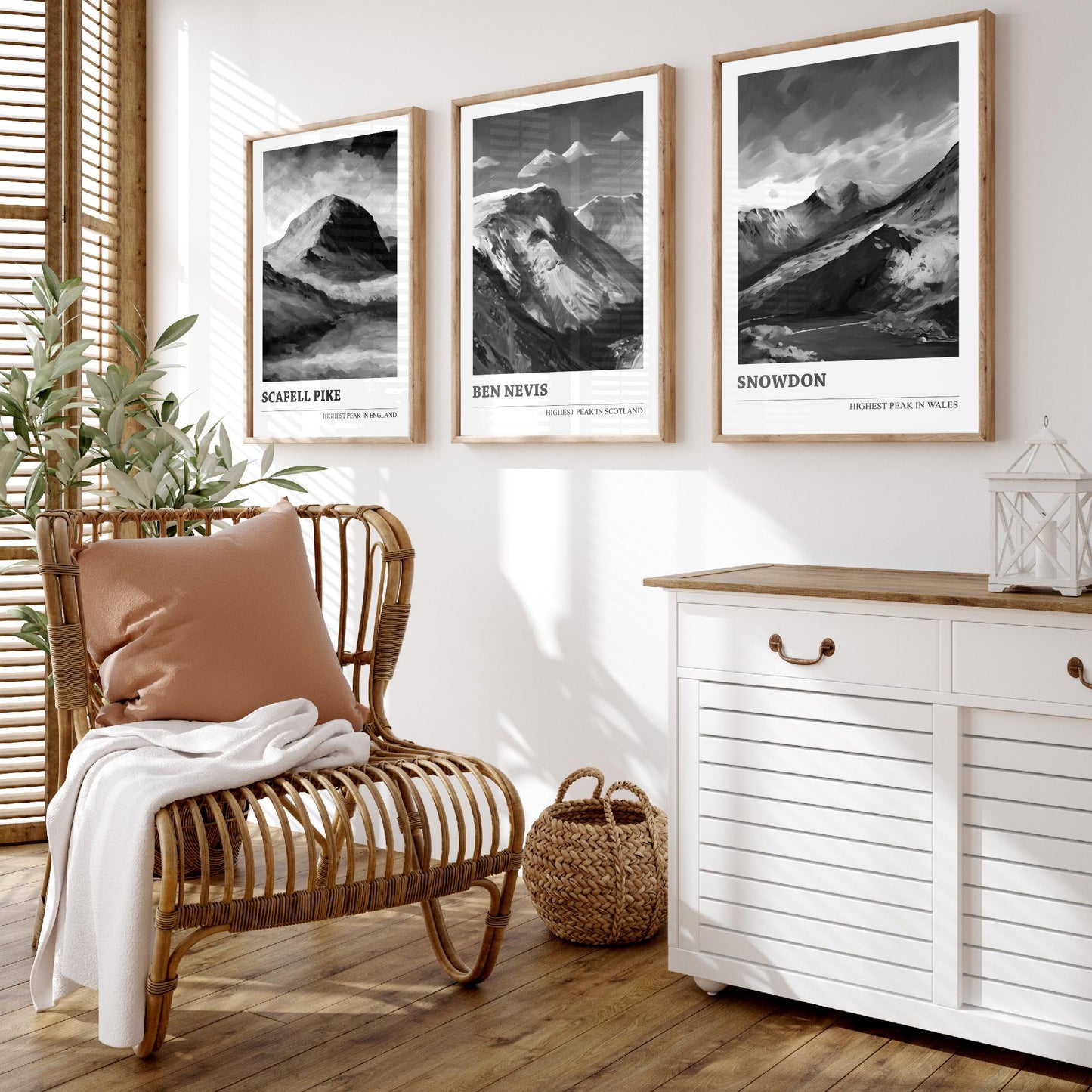 Three Peaks of the UK Set of Three Black & White Art Prints - Scafell Pike, Ben Nevis, Snowdon - Poster Painting Gift Decor