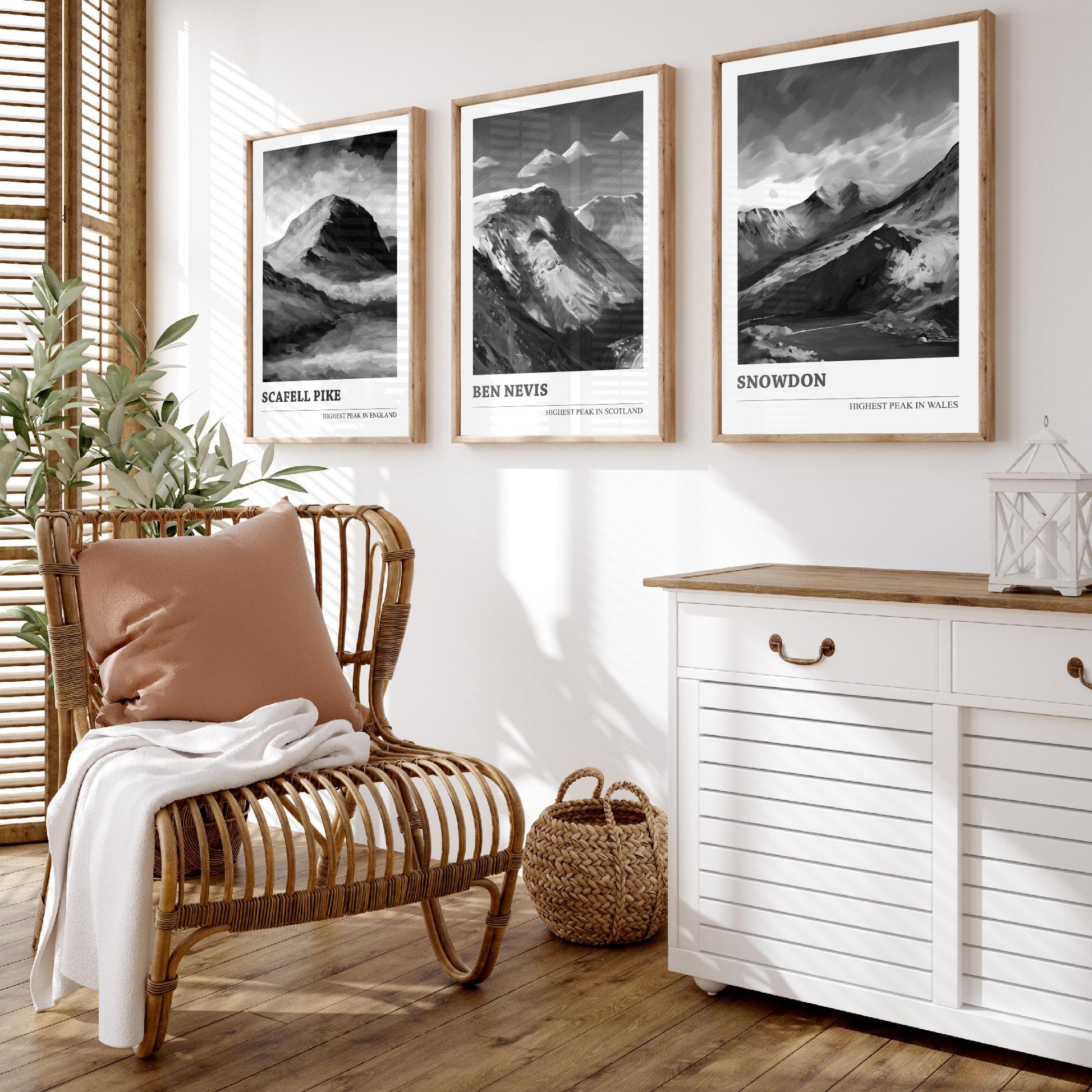 Three Peaks of the UK Set of Three Black & White Art Prints - Scafell Pike, Ben Nevis, Snowdon - Poster Painting Gift Decor