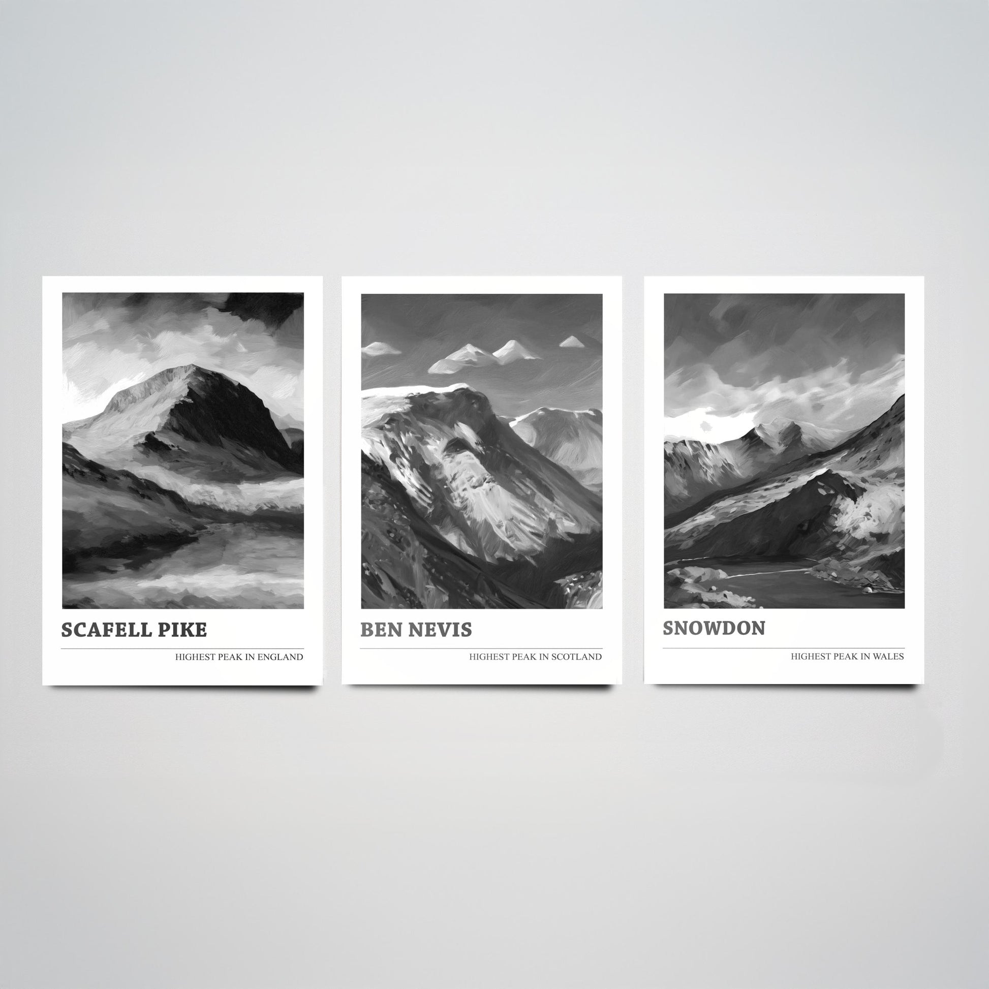 Three Peaks of the UK Set of Three Black & White Art Prints - Scafell Pike, Ben Nevis, Snowdon - Poster Painting Gift Decor