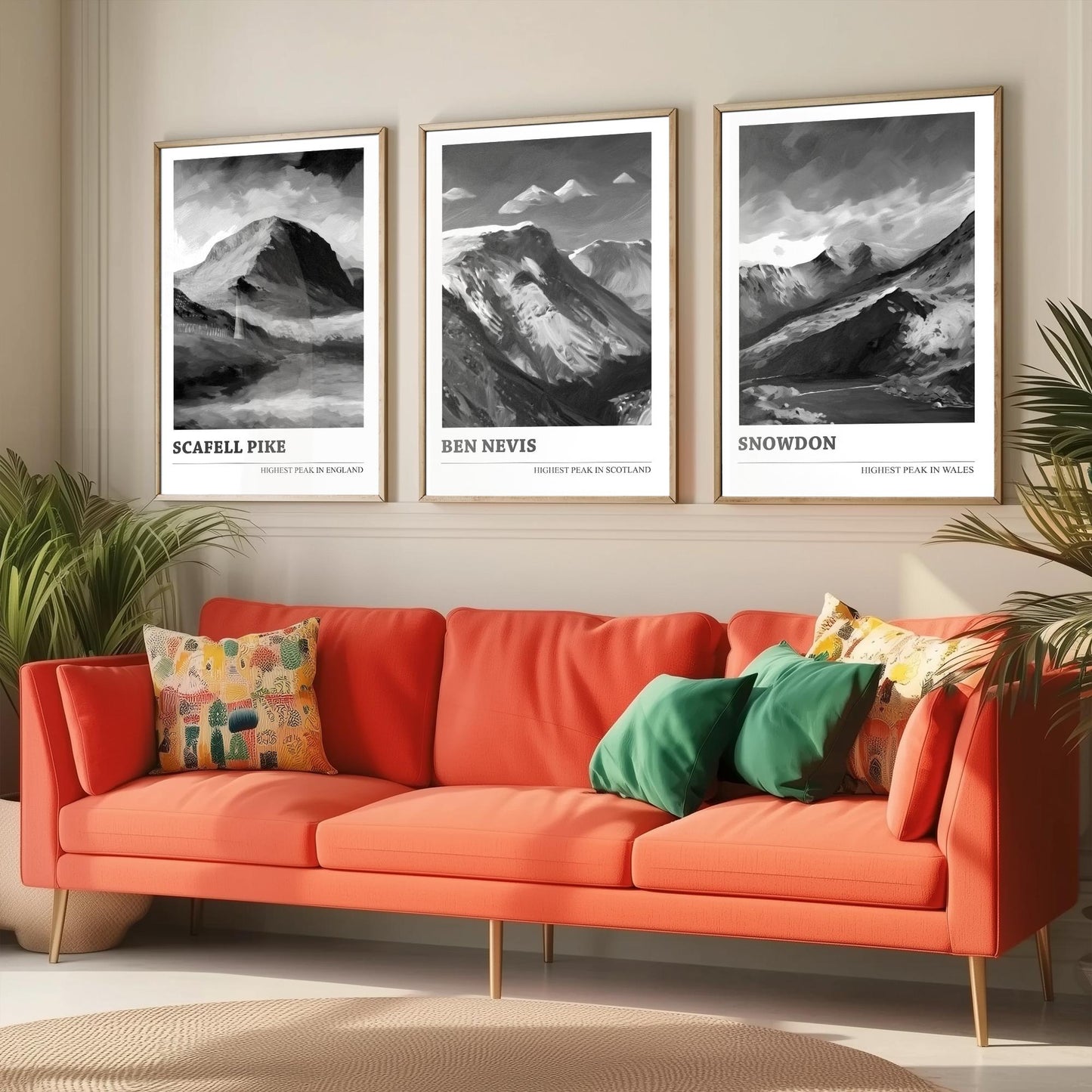 Three Peaks of the UK Set of Three Black & White Art Prints - Scafell Pike, Ben Nevis, Snowdon - Poster Painting Gift Decor