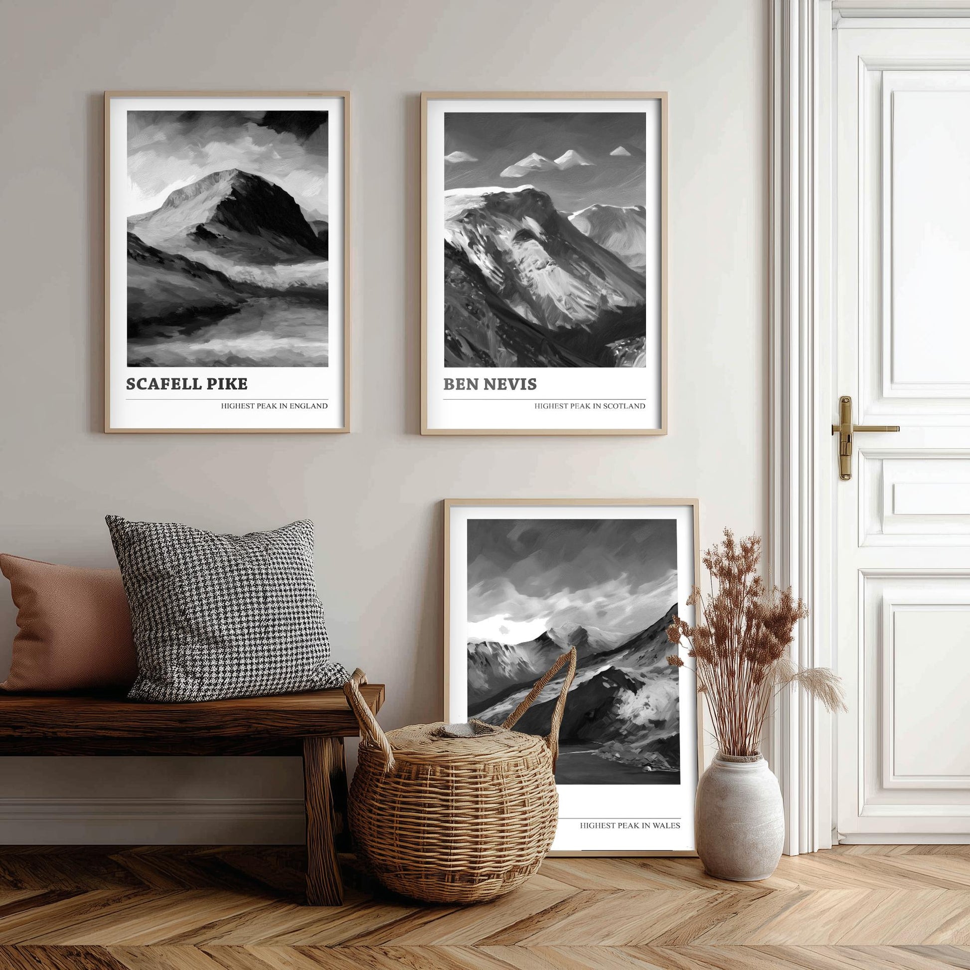 Three Peaks of the UK Set of Three Black & White Art Prints - Scafell Pike, Ben Nevis, Snowdon - Poster Painting Gift Decor