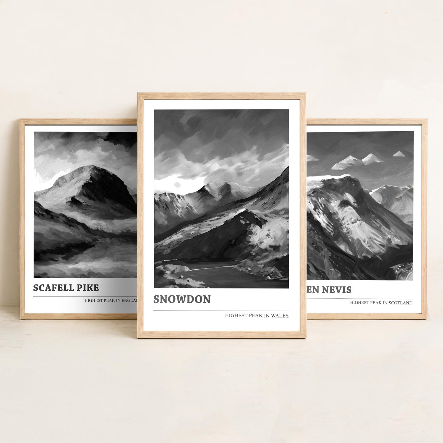 Three Peaks of the UK Set of Three Black & White Art Prints - Scafell Pike, Ben Nevis, Snowdon - Poster Painting Gift Decor
