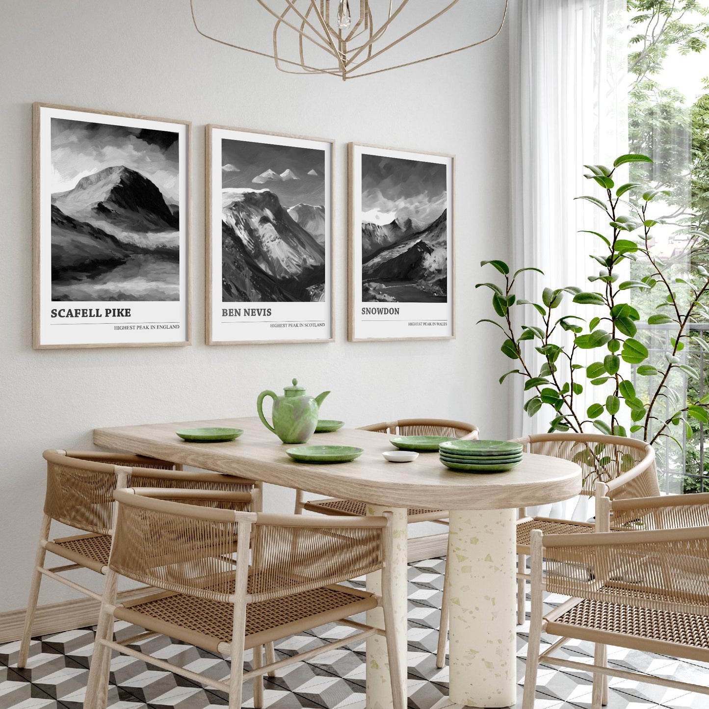 Three Peaks of the UK Set of Three Black & White Art Prints - Scafell Pike, Ben Nevis, Snowdon - Poster Painting Gift Decor