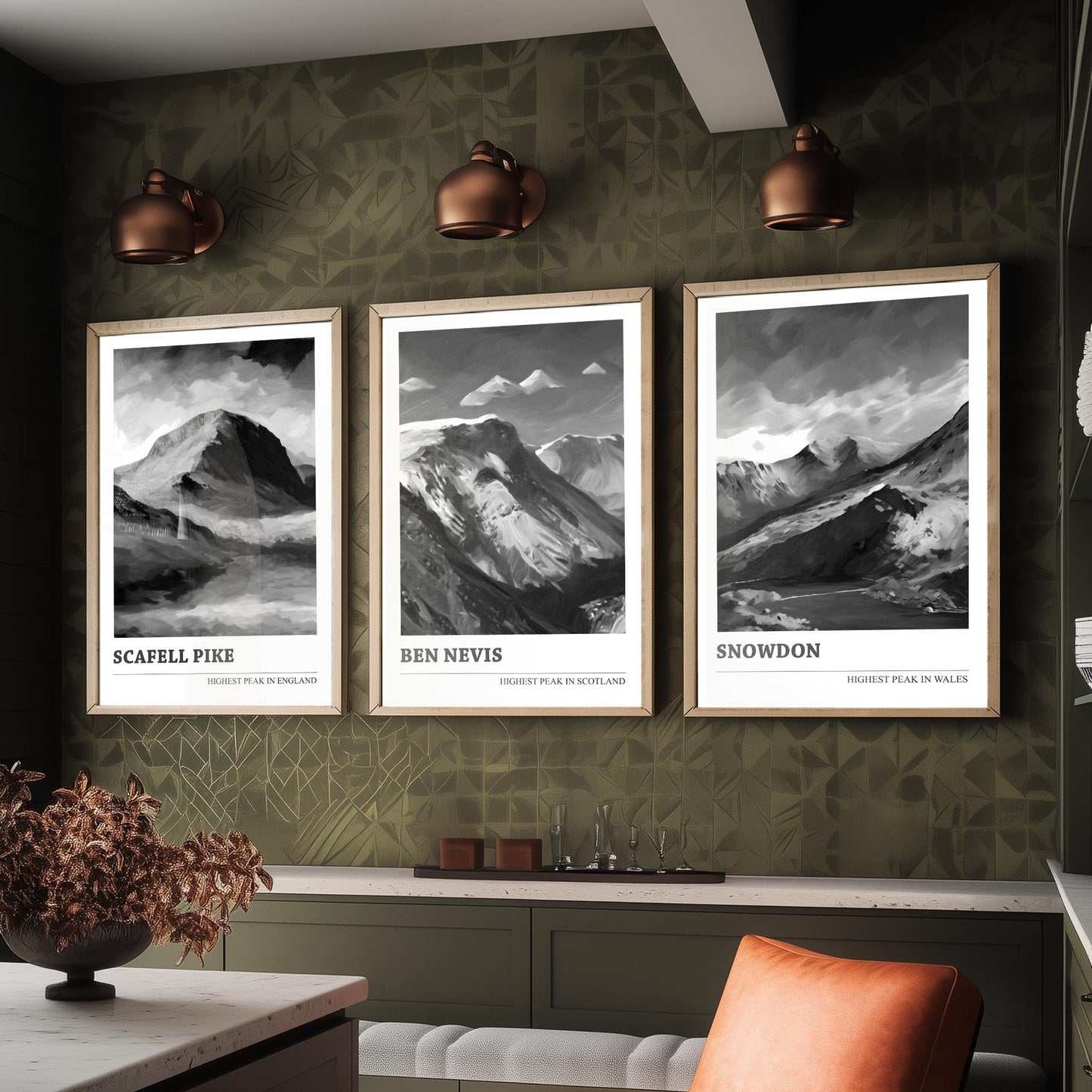 Three Peaks of the UK Set of Three Black & White Art Prints - Scafell Pike, Ben Nevis, Snowdon - Poster Painting Gift Decor