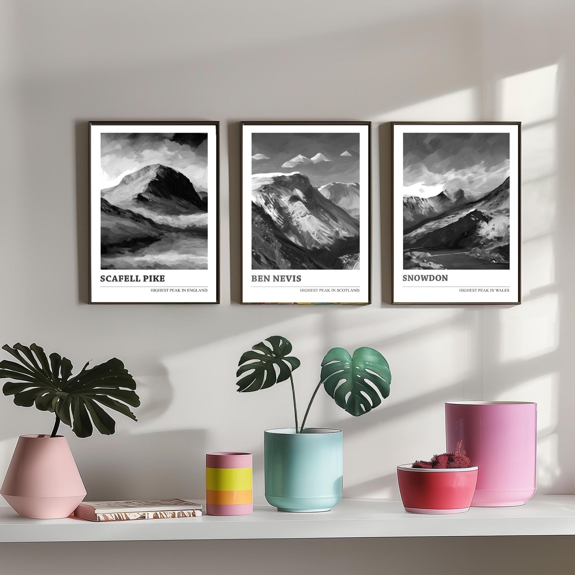 Three Peaks of the UK Set of Three Black & White Art Prints - Scafell Pike, Ben Nevis, Snowdon - Poster Painting Gift Decor