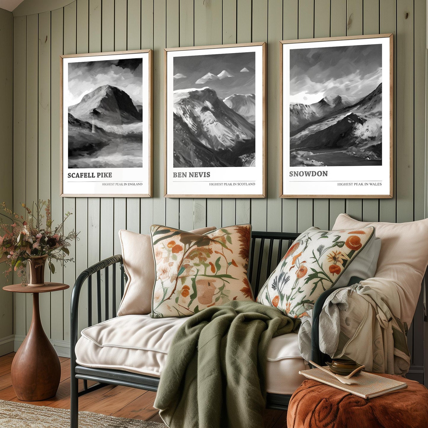 Three Peaks of the UK Set of Three Black & White Art Prints - Scafell Pike, Ben Nevis, Snowdon - Poster Painting Gift Decor