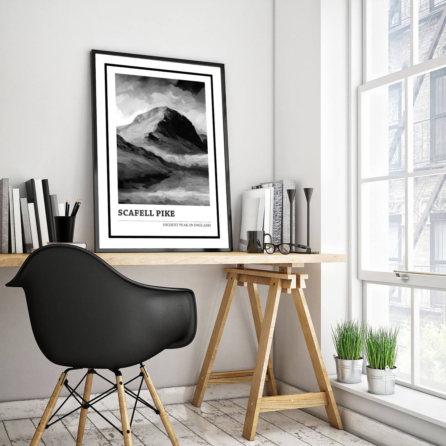 Scafell Pike Art Print - Black and White Mountain Poster - Monochrome Painting - Highest Peak in England 1/3
