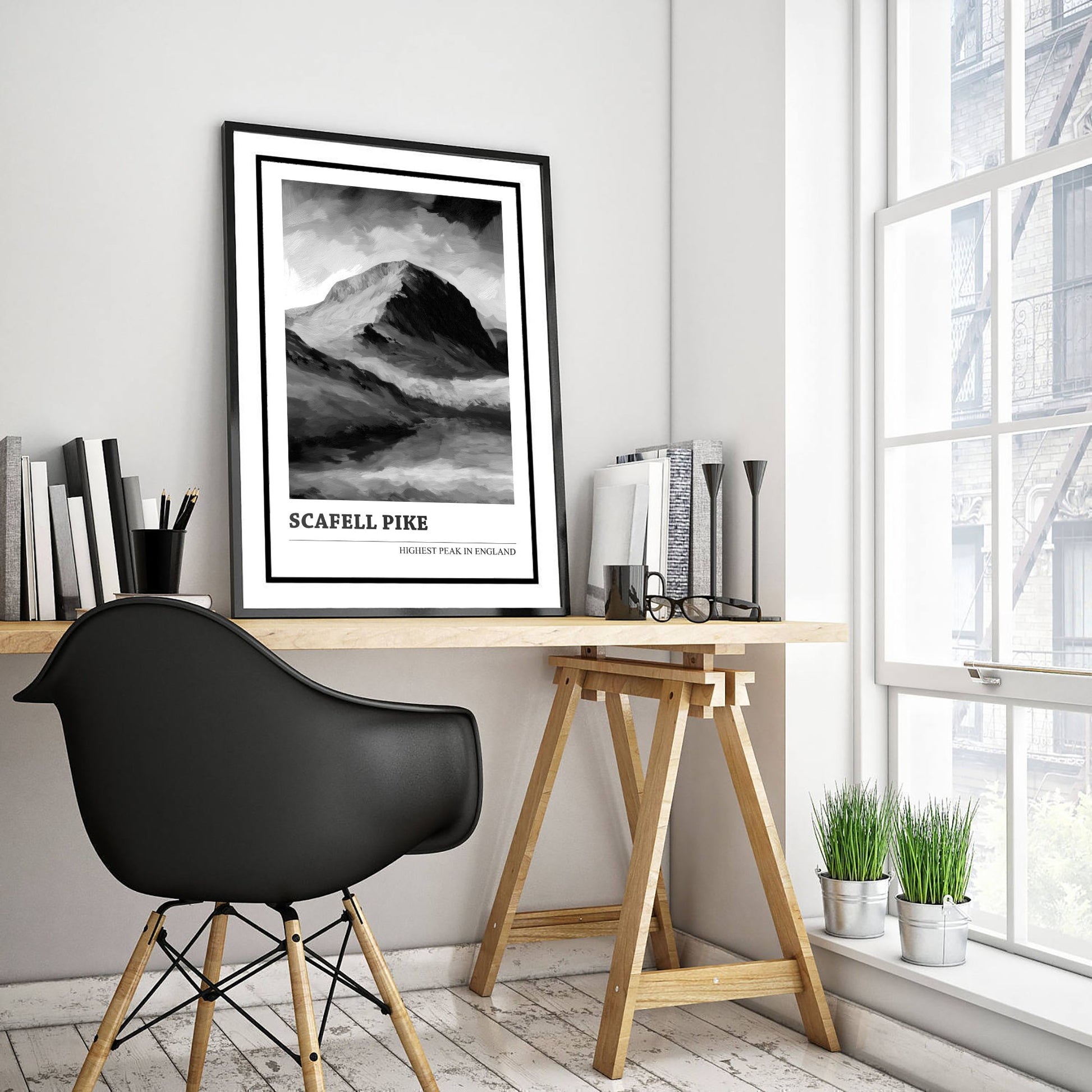 Scafell Pike Art Print - Black and White Mountain Poster - Monochrome Painting - Highest Peak in England 1/3