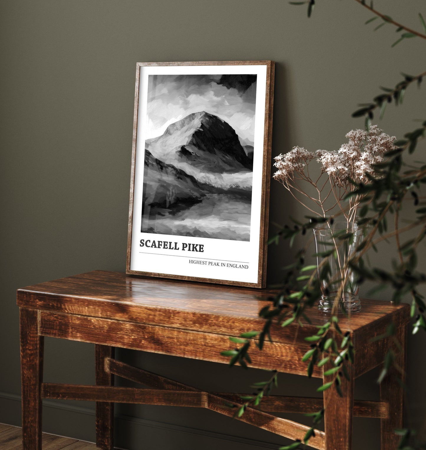 Scafell Pike Art Print - Black and White Mountain Poster - Monochrome Painting - Highest Peak in England 1/3