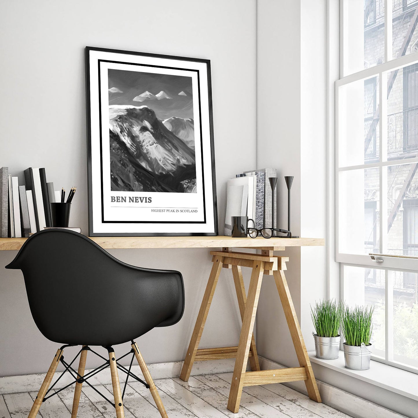 Ben Nevis Art Print - Black and White Mountain Poster - Monochrome Painting - Highest Peak in Scotland 2/3