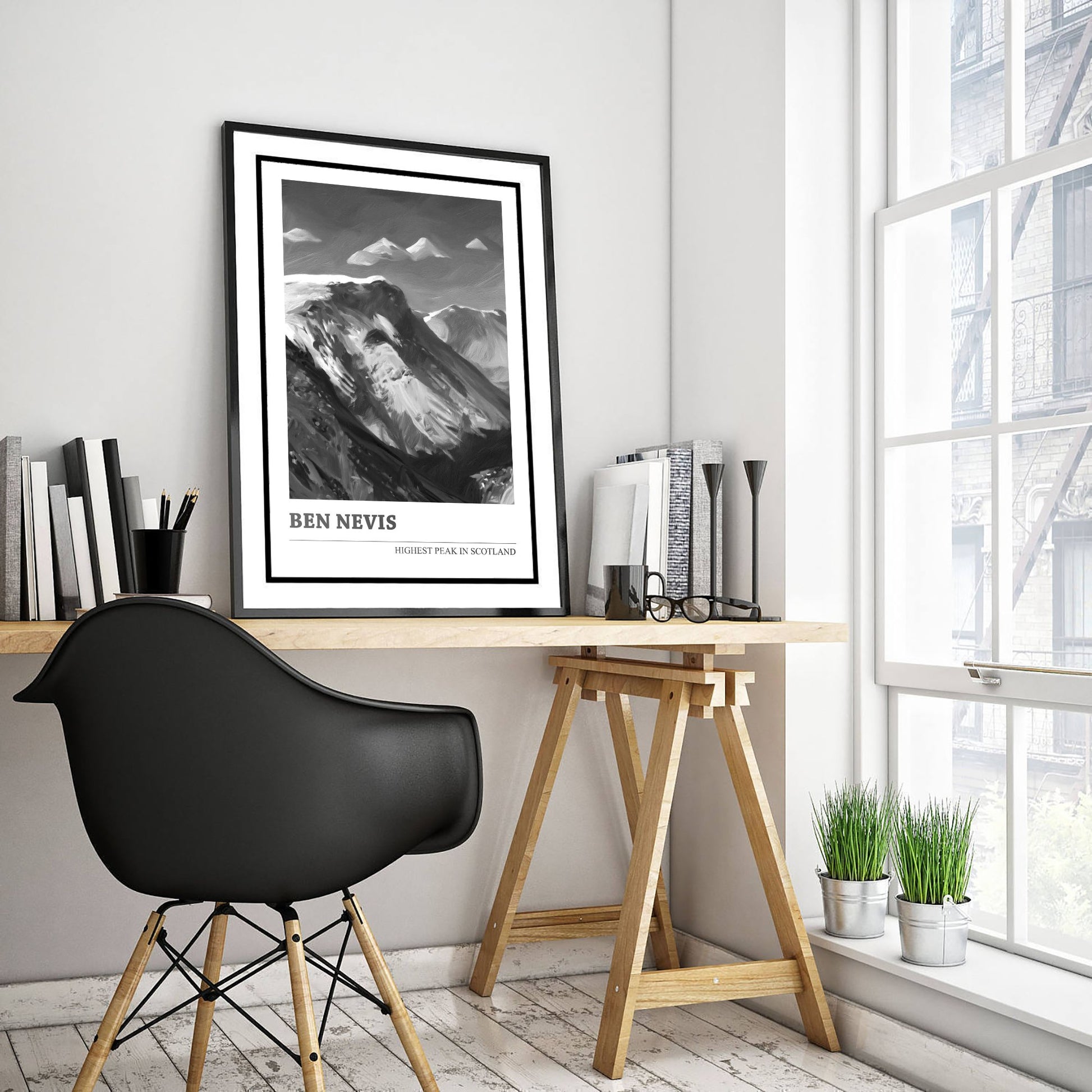 Ben Nevis Art Print - Black and White Mountain Poster - Monochrome Painting - Highest Peak in Scotland 2/3