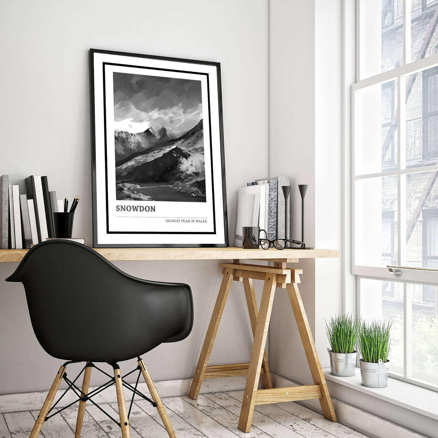 Snowdon Art Print - Black and White Mountain Poster - Monochrome Painting - Highest Peak in Wales 3/3