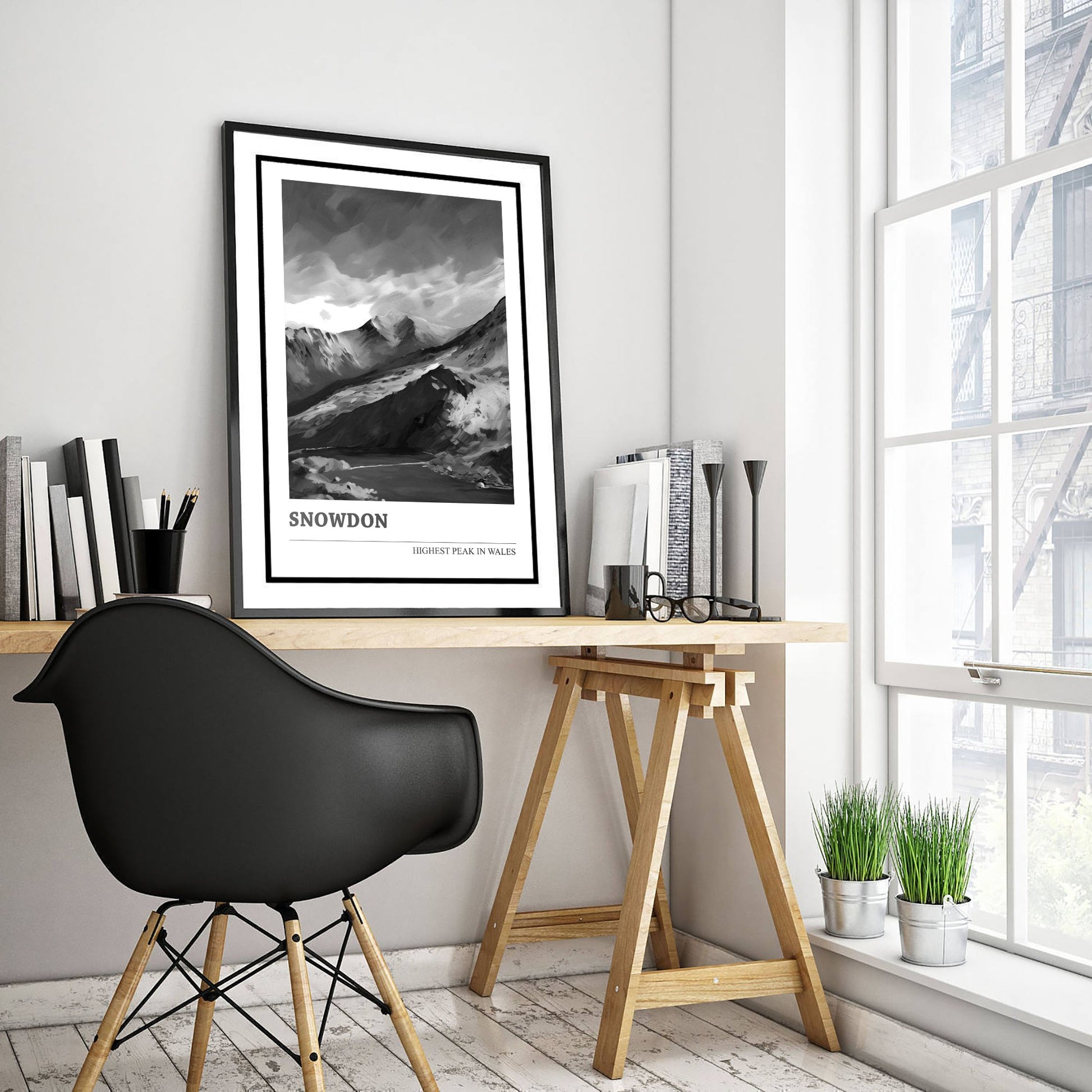 Snowdon Art Print - Black and White Mountain Poster - Monochrome Painting - Highest Peak in Wales 3/3