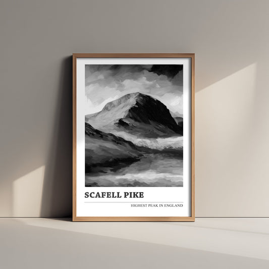Scafell Pike Travel Poster - Highest England Mountain Art Print - Black & White Illustration - Lakeland Peak 1/3