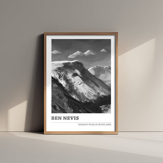 Ben Nevis Scotland Travel Poster - Highest UK Mountain Art Print - Black & White Illustration - Highland Peak 2/3