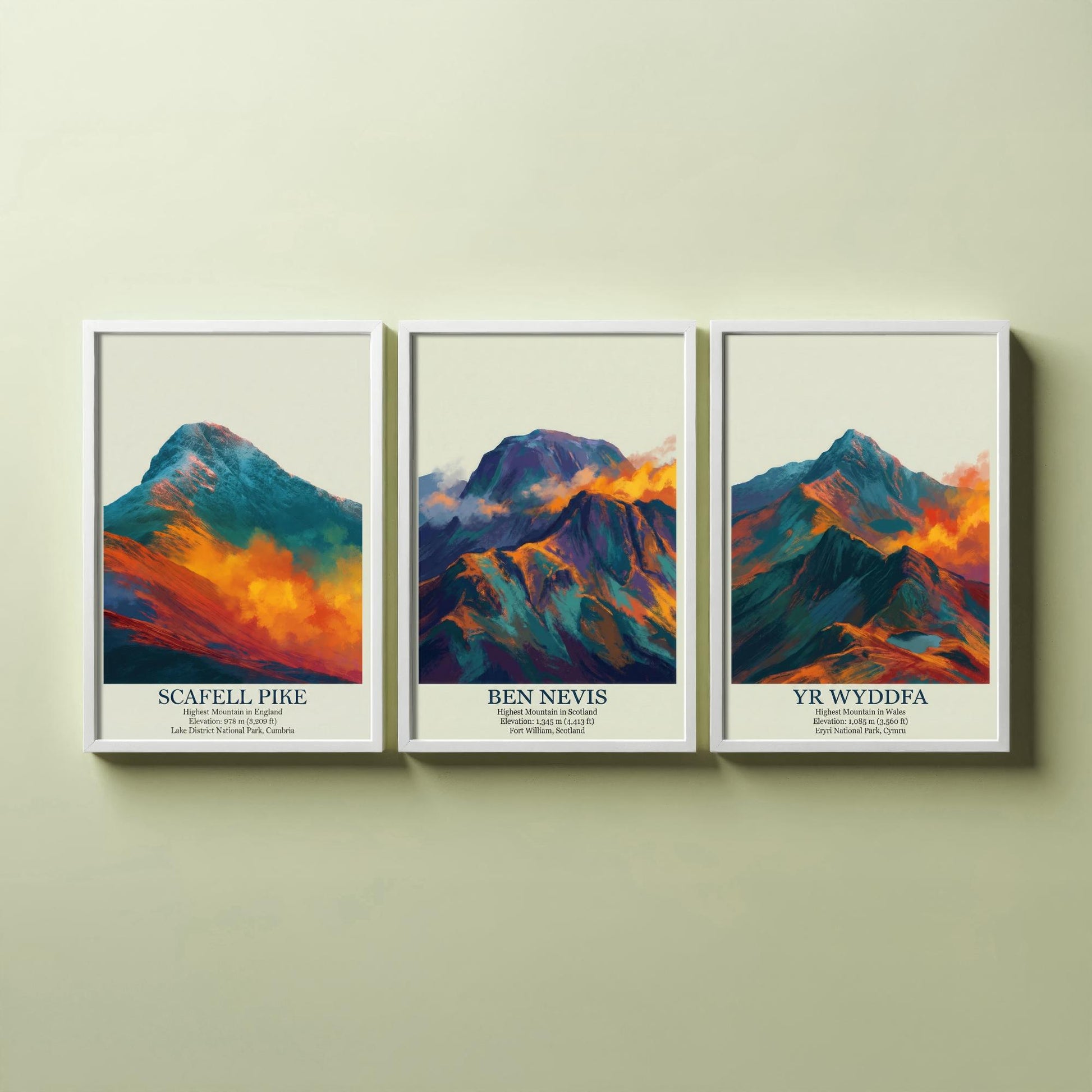 Three Peaks of the UK Set of Three Art Prints - Golden Dust Scafell Pike Ben Nevis Yr Wyddfa - 3 Mountain Posters Painting Wales