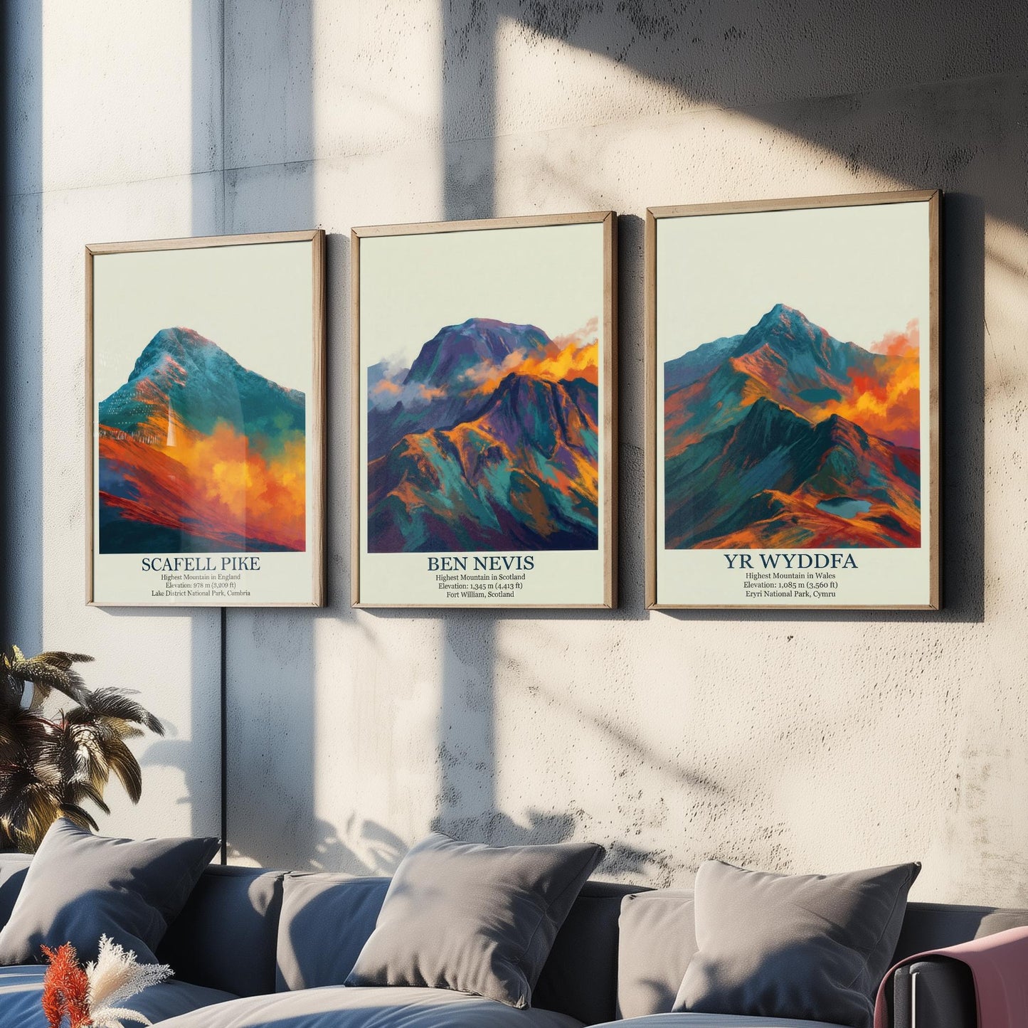 Three Peaks of the UK Set of Three Art Prints - Golden Dust Scafell Pike Ben Nevis Yr Wyddfa - 3 Mountain Posters Painting Wales