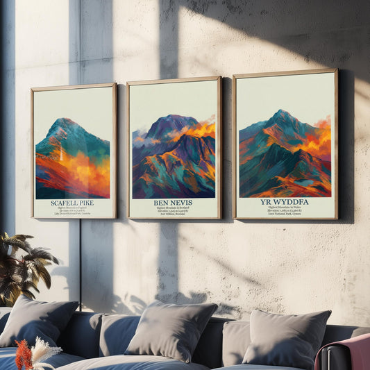 Three Peaks of the UK Set of Three Art Prints - Golden Dust Scafell Pike Ben Nevis Yr Wyddfa - 3 Mountain Posters Painting Wales