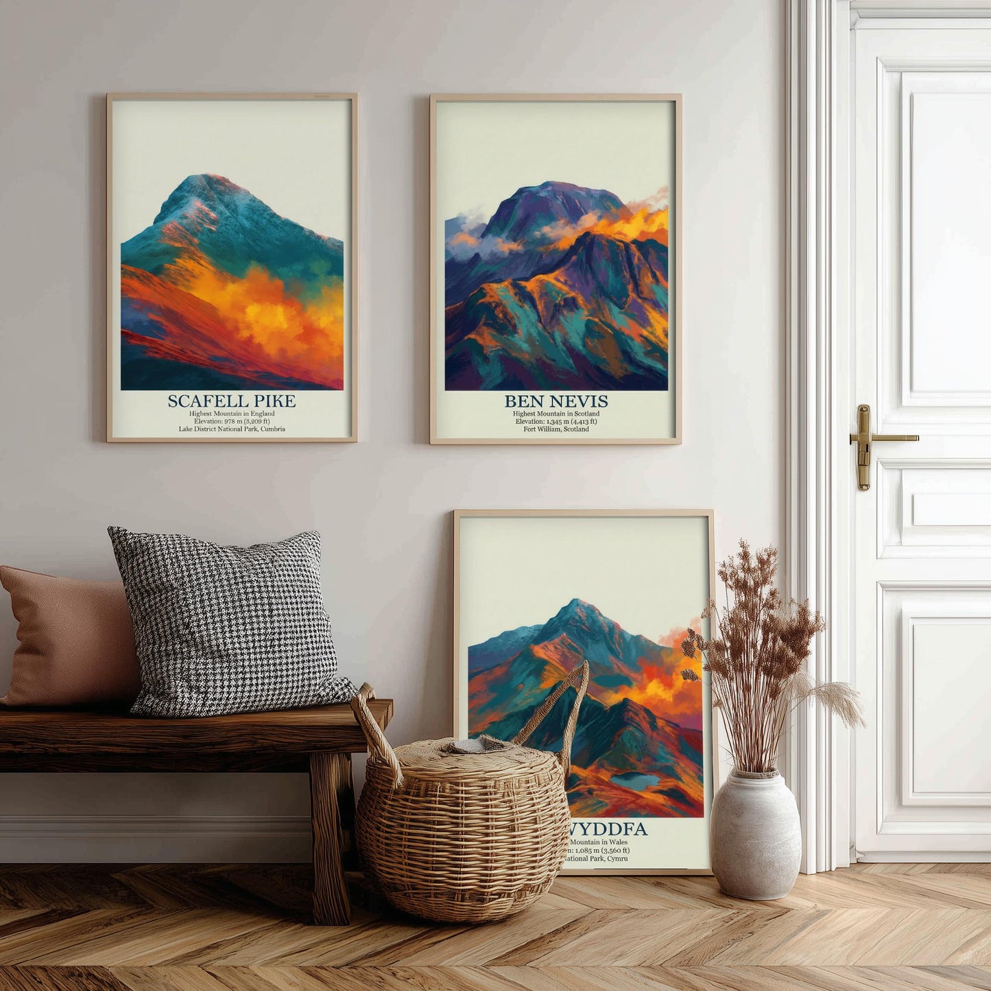 Three Peaks of the UK Set of Three Art Prints - Golden Dust Scafell Pike Ben Nevis Yr Wyddfa - 3 Mountain Posters Painting Wales