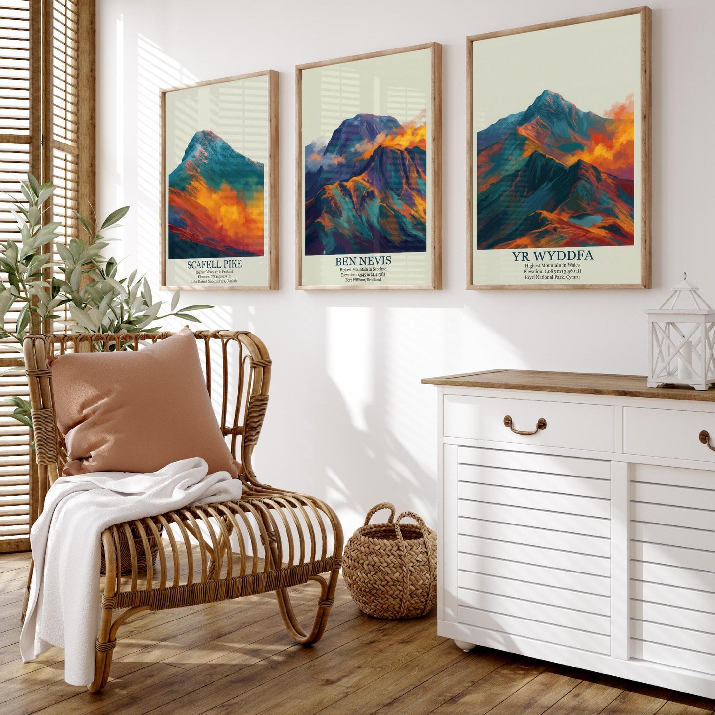 Three Peaks of the UK Set of Three Art Prints - Golden Dust Scafell Pike Ben Nevis Yr Wyddfa - 3 Mountain Posters Painting Wales