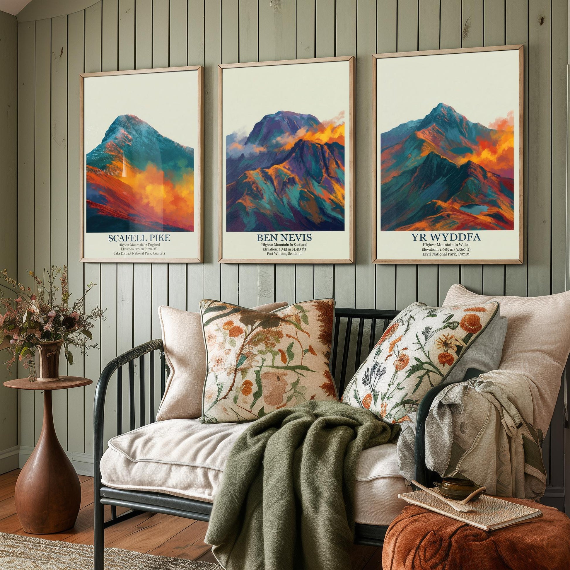 Three Peaks of the UK Set of Three Art Prints - Golden Dust Scafell Pike Ben Nevis Yr Wyddfa - 3 Mountain Posters Painting Wales