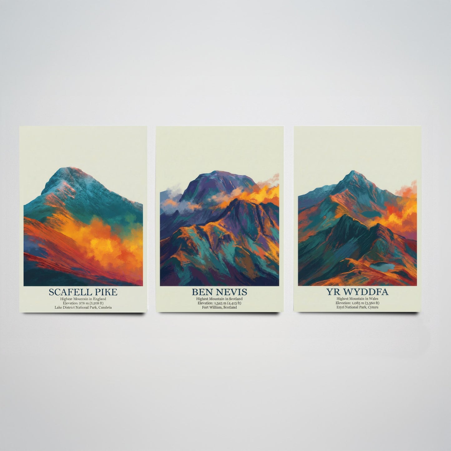 Three Peaks of the UK Set of Three Art Prints - Golden Dust Scafell Pike Ben Nevis Yr Wyddfa - 3 Mountain Posters Painting Wales