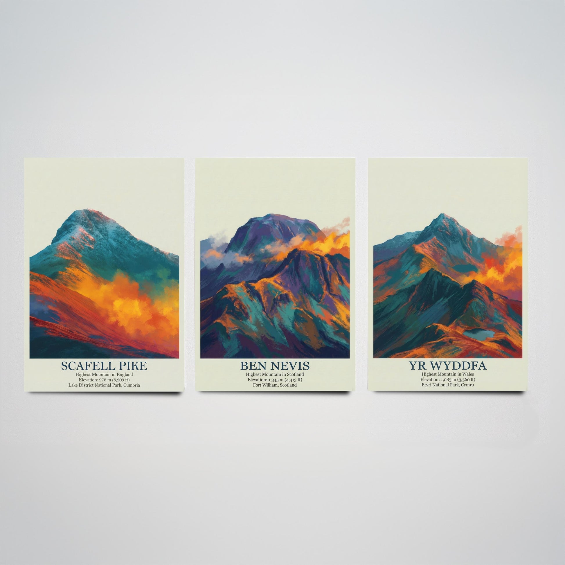 Three Peaks of the UK Set of Three Art Prints - Golden Dust Scafell Pike Ben Nevis Yr Wyddfa - 3 Mountain Posters Painting Wales