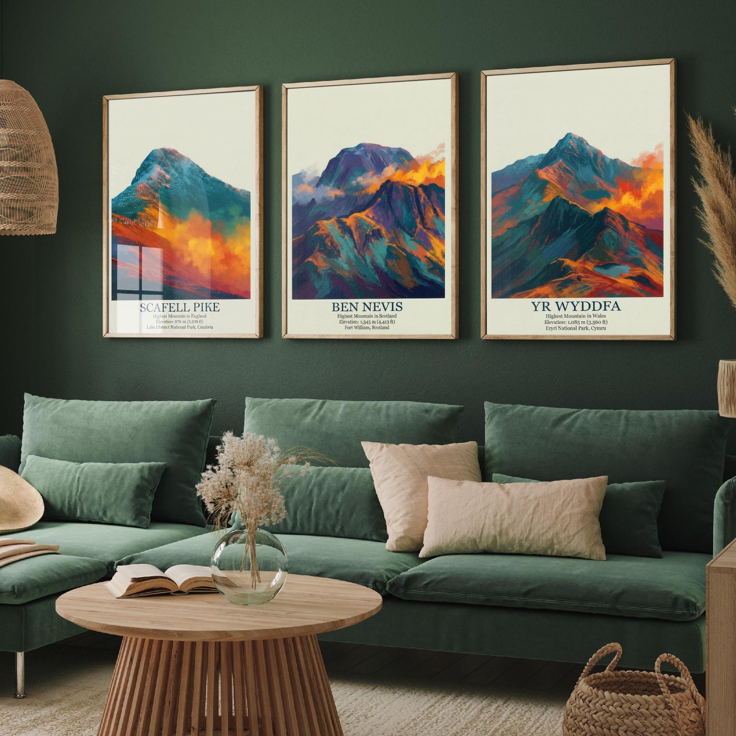 Three Peaks of the UK Set of Three Art Prints - Golden Dust Scafell Pike Ben Nevis Yr Wyddfa - 3 Mountain Posters Painting Wales