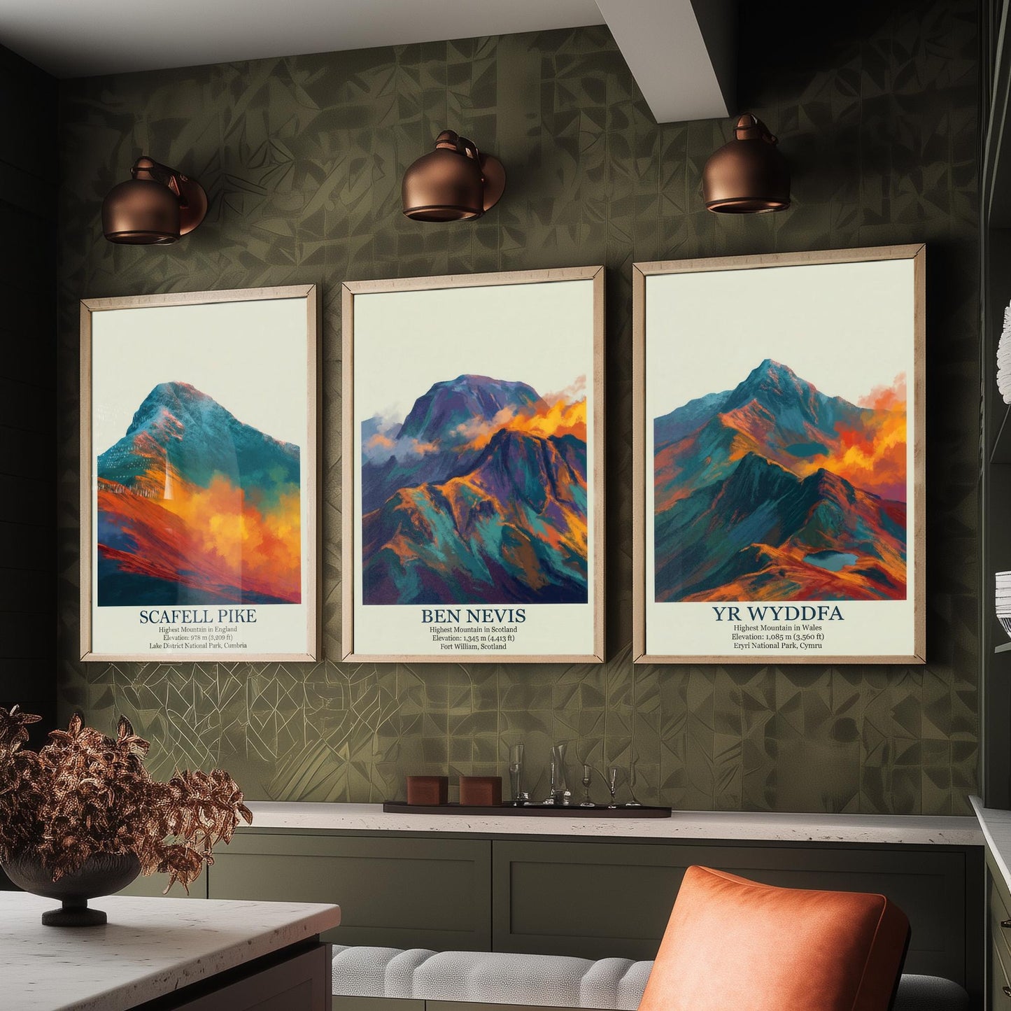 Three Peaks of the UK Set of Three Art Prints - Golden Dust Scafell Pike Ben Nevis Yr Wyddfa - 3 Mountain Posters Painting Wales