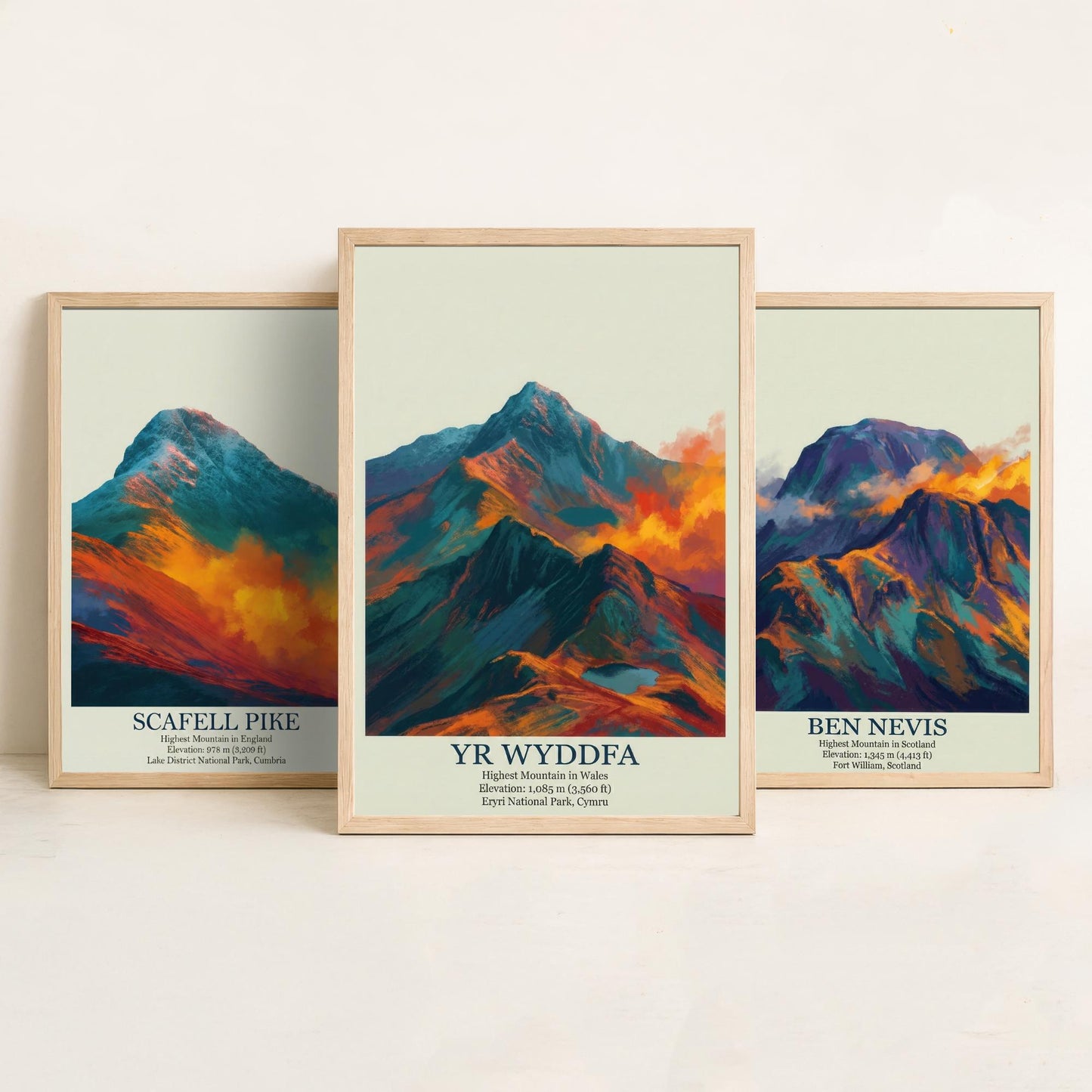 Three Peaks of the UK Set of Three Art Prints - Golden Dust Scafell Pike Ben Nevis Yr Wyddfa - 3 Mountain Posters Painting Wales