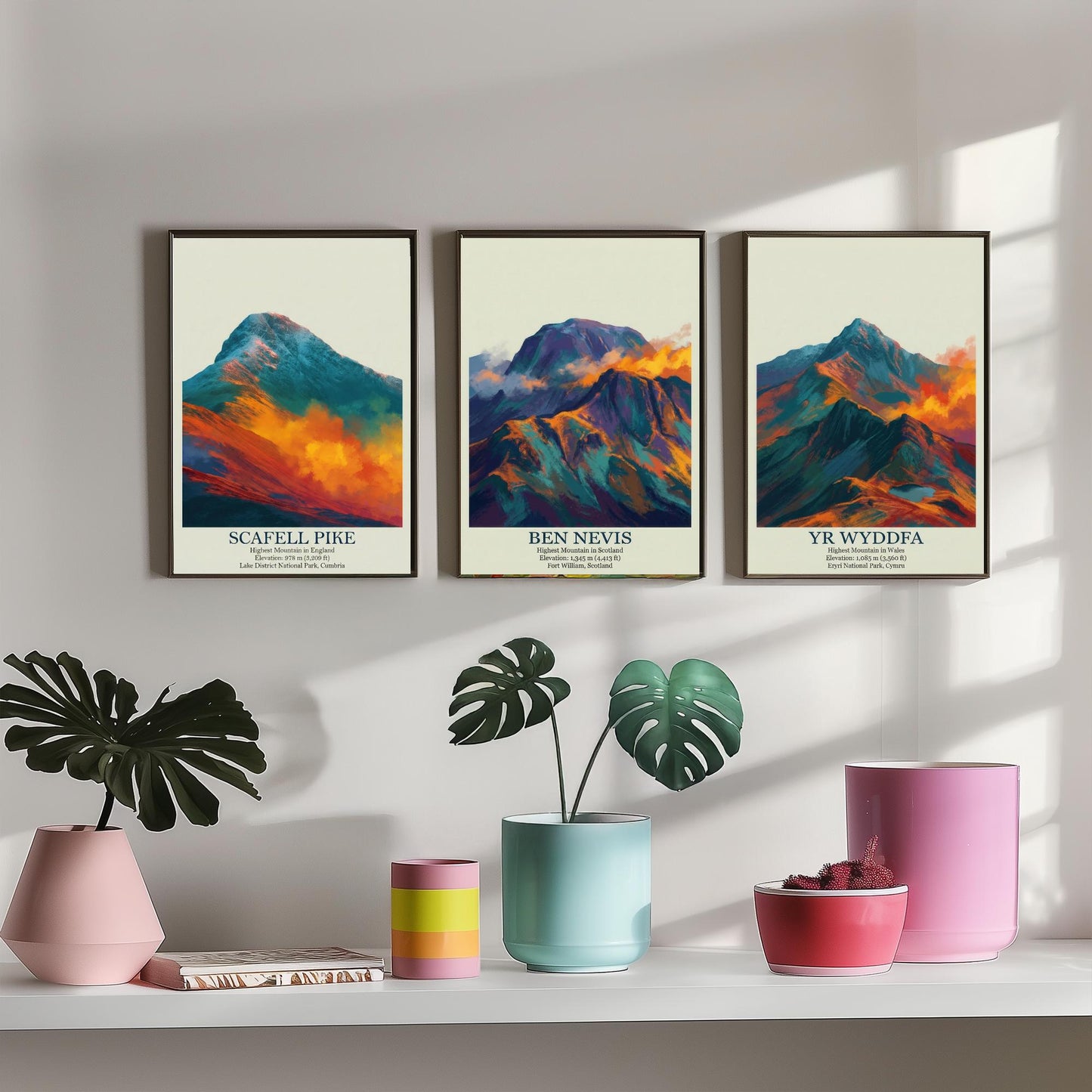 Three Peaks of the UK Set of Three Art Prints - Golden Dust Scafell Pike Ben Nevis Yr Wyddfa - 3 Mountain Posters Painting Wales