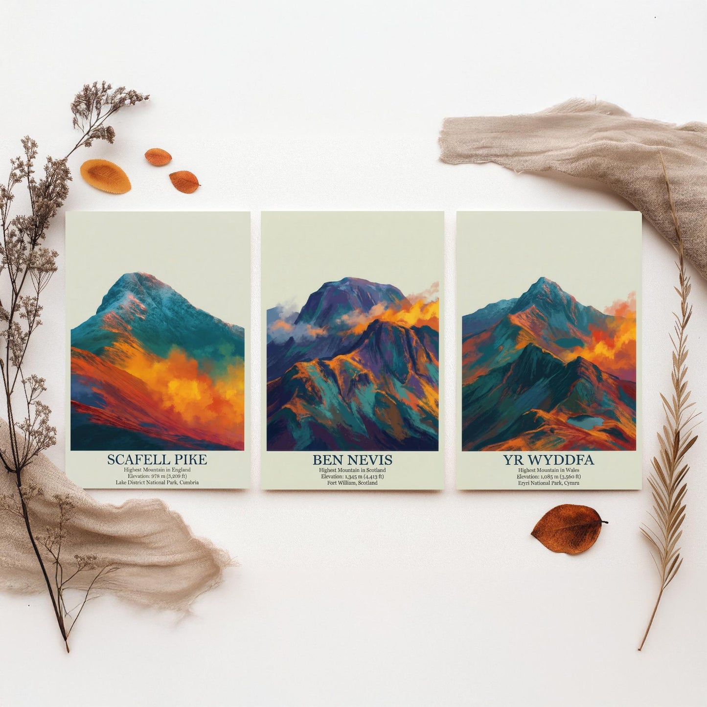 Three Peaks of the UK Set of Three Art Prints - Golden Dust Scafell Pike Ben Nevis Yr Wyddfa - 3 Mountain Posters Painting Wales