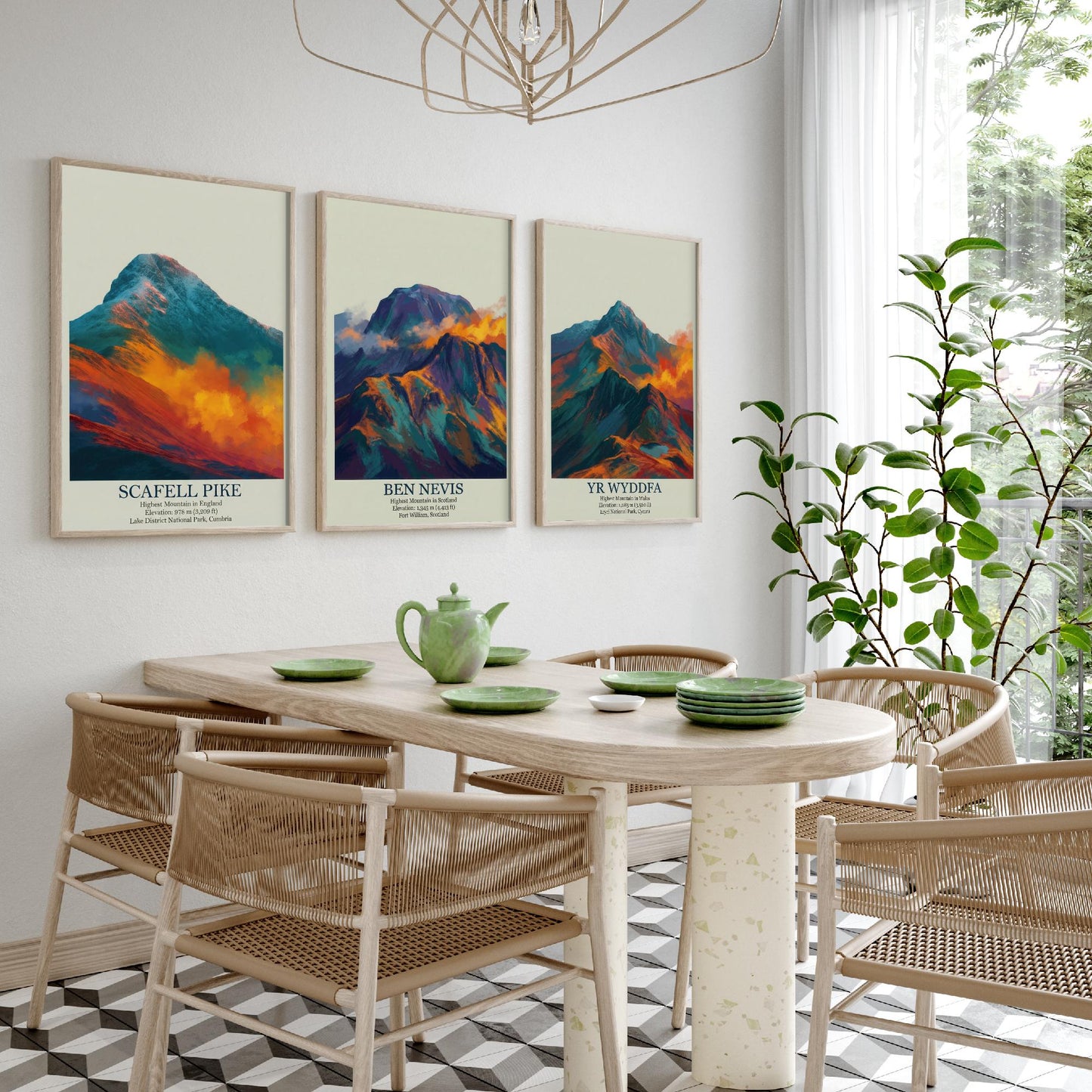 Three Peaks of the UK Set of Three Art Prints - Golden Dust Scafell Pike Ben Nevis Yr Wyddfa - 3 Mountain Posters Painting Wales
