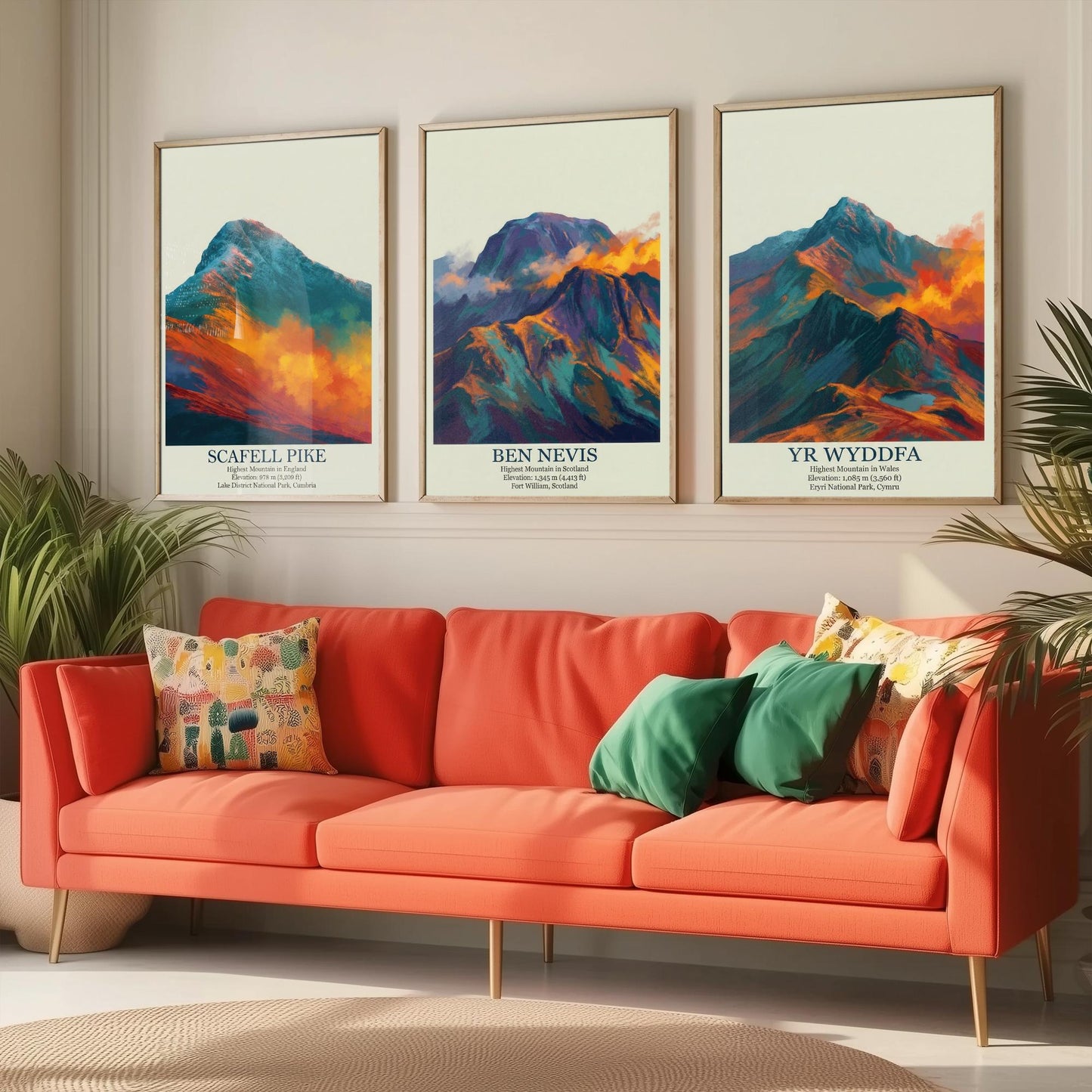 Three Peaks of the UK Set of Three Art Prints - Golden Dust Scafell Pike Ben Nevis Yr Wyddfa - 3 Mountain Posters Painting Wales