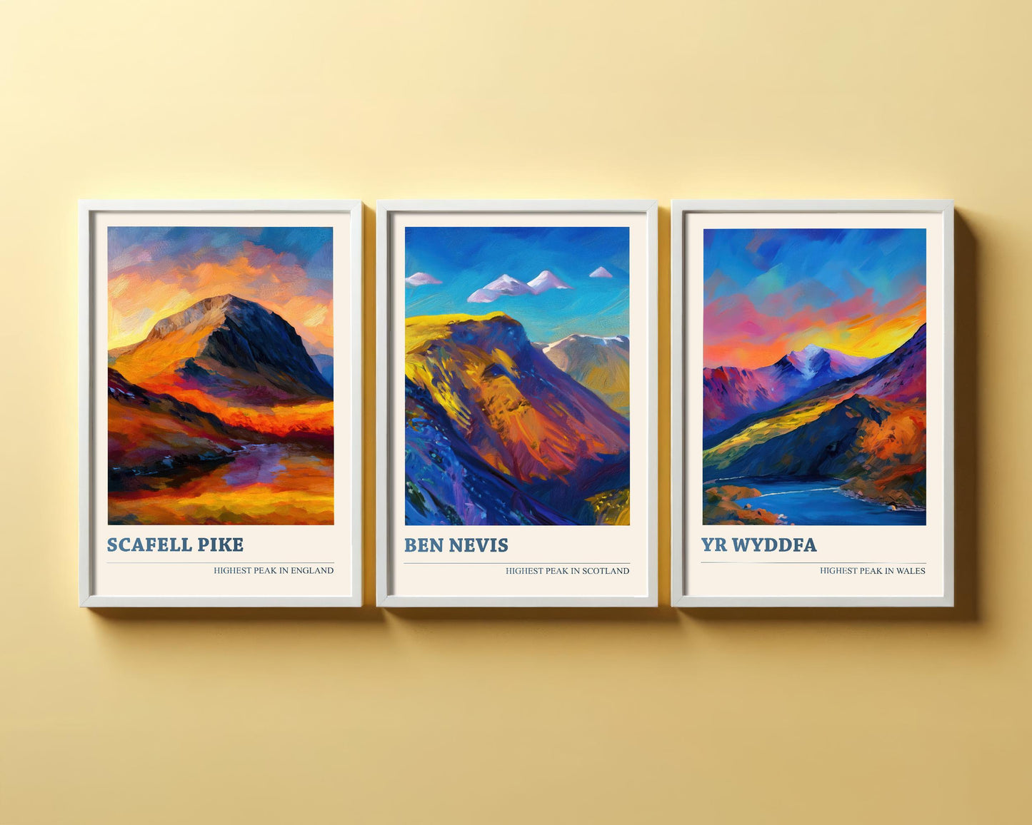 The Three Peaks of The UK - Scafell Pike, Ben Nevis and Yr Wyddfa - Set of 3 Prints - Mountain Travel Posters