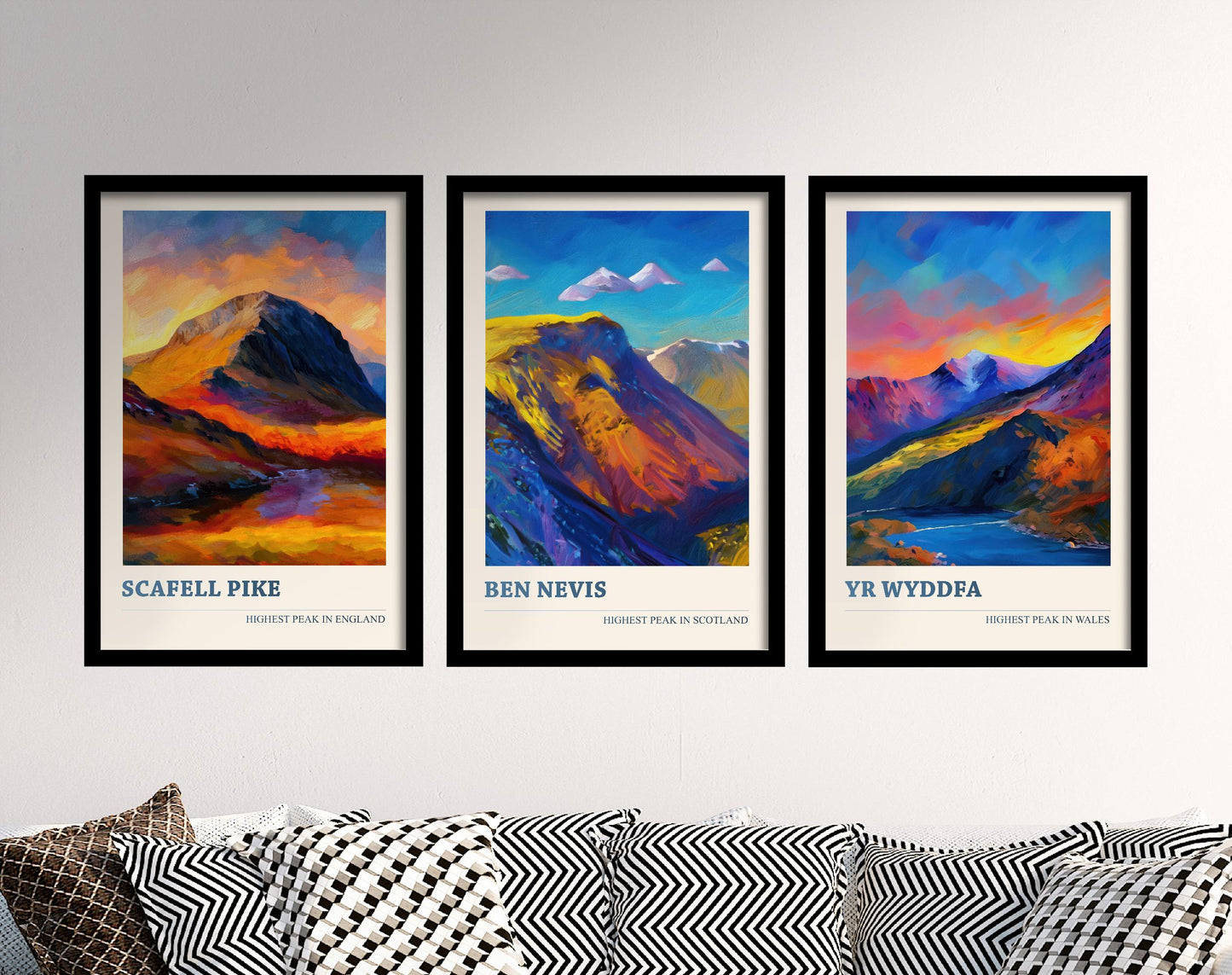 The Three Peaks of The UK - Scafell Pike, Ben Nevis and Yr Wyddfa - Set of 3 Prints - Mountain Travel Posters