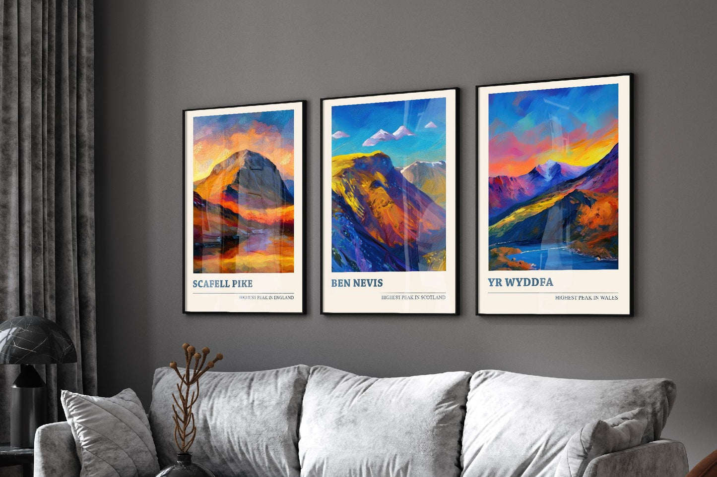 The Three Peaks of The UK - Scafell Pike, Ben Nevis and Yr Wyddfa - Set of 3 Prints - Mountain Travel Posters