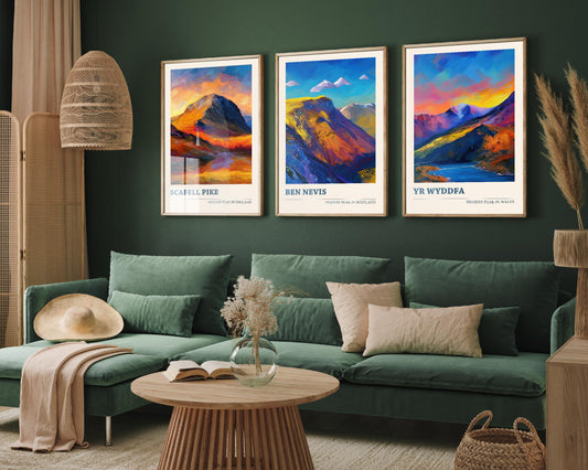 The Three Peaks of The UK - Scafell Pike, Ben Nevis and Yr Wyddfa - Set of 3 Prints - Mountain Travel Posters