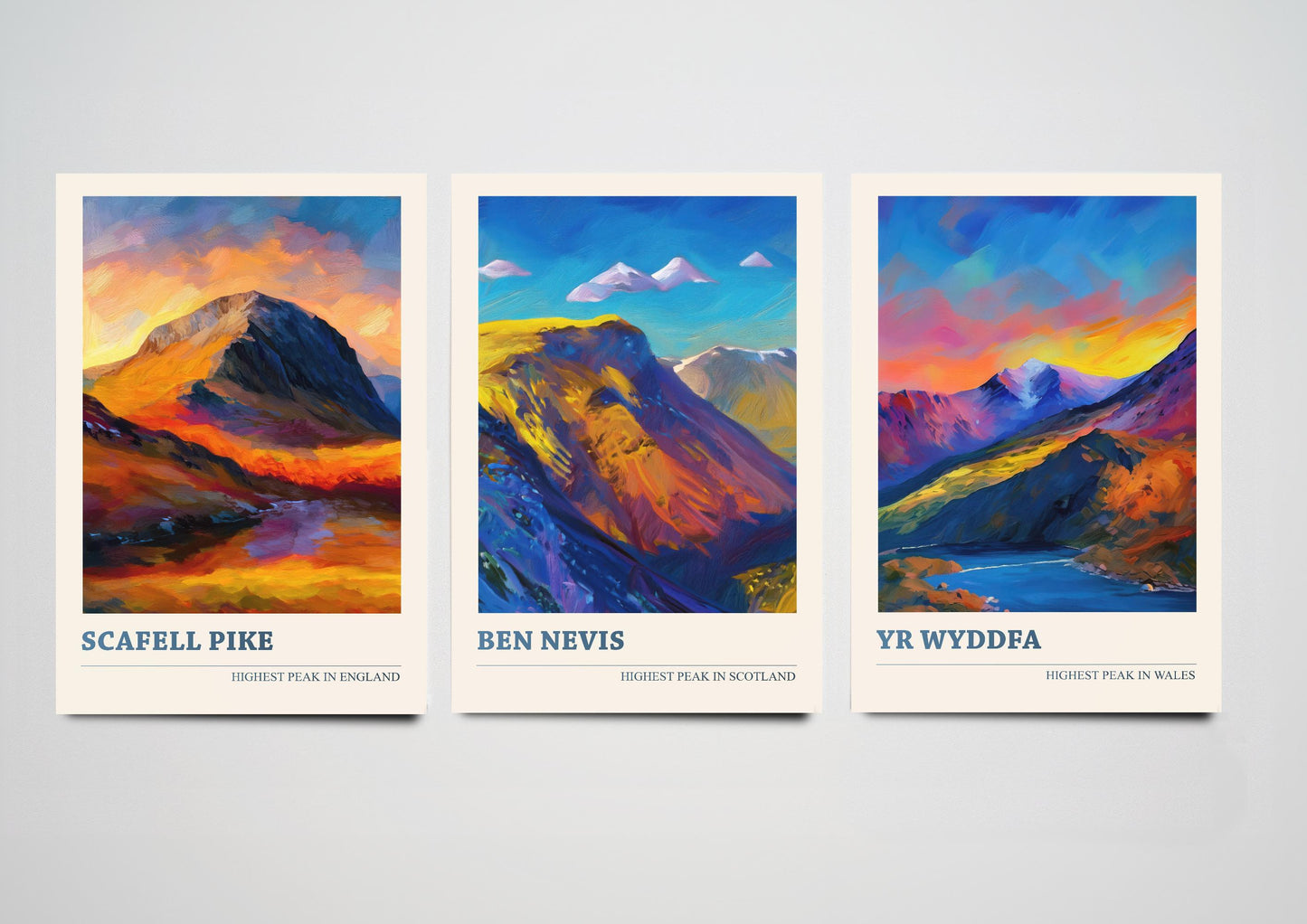 The Three Peaks of The UK - Scafell Pike, Ben Nevis and Yr Wyddfa - Set of 3 Prints - Mountain Travel Posters