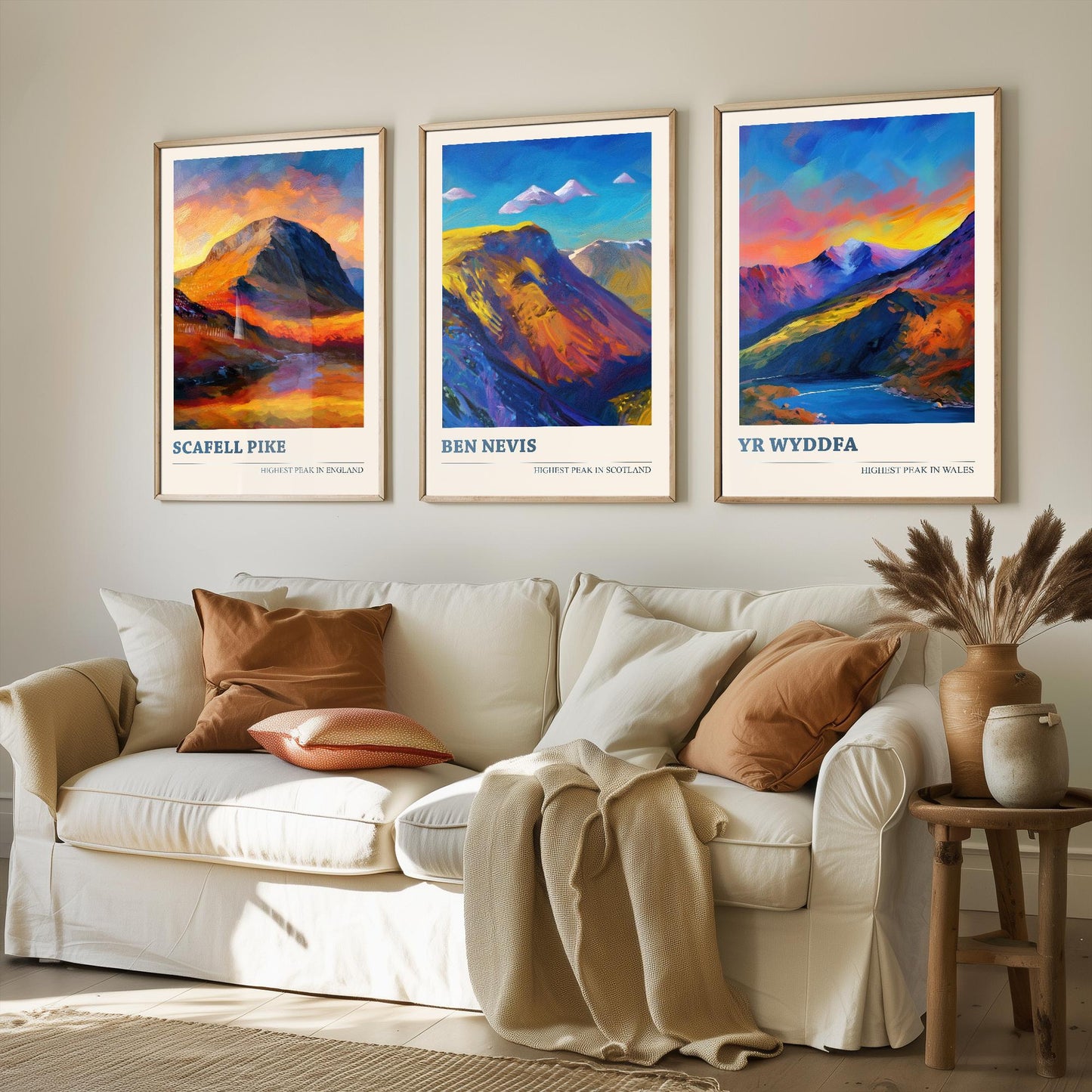 The Three Peaks of The UK - Scafell Pike, Ben Nevis and Yr Wyddfa - Set of 3 Prints - Mountain Travel Posters