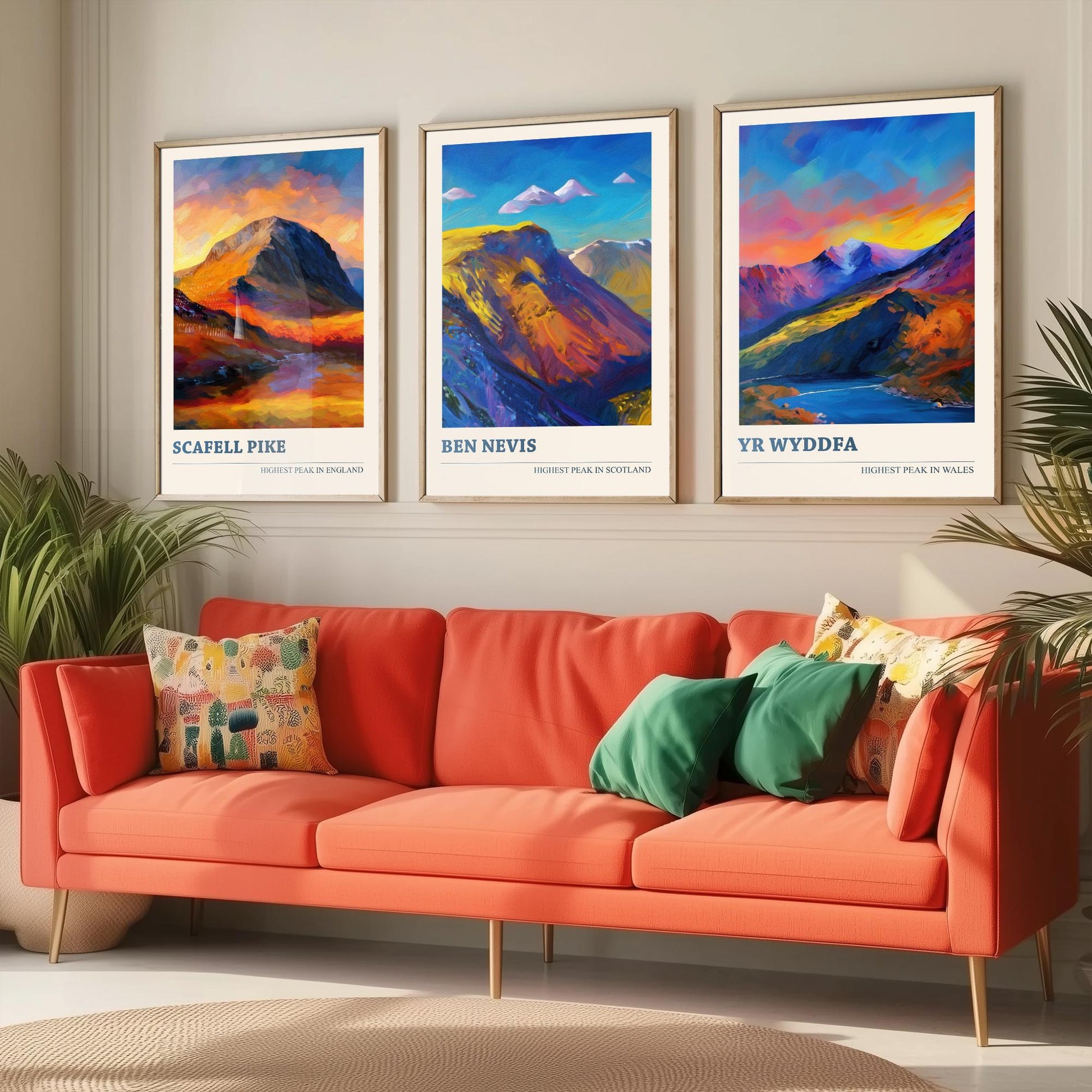 Scafell Pike Ben Nevis Yr Wyddfa Set of Three Art Prints - 3 UK Mountain Posters - Sunset Oil Painting Landscape Gift Wales England