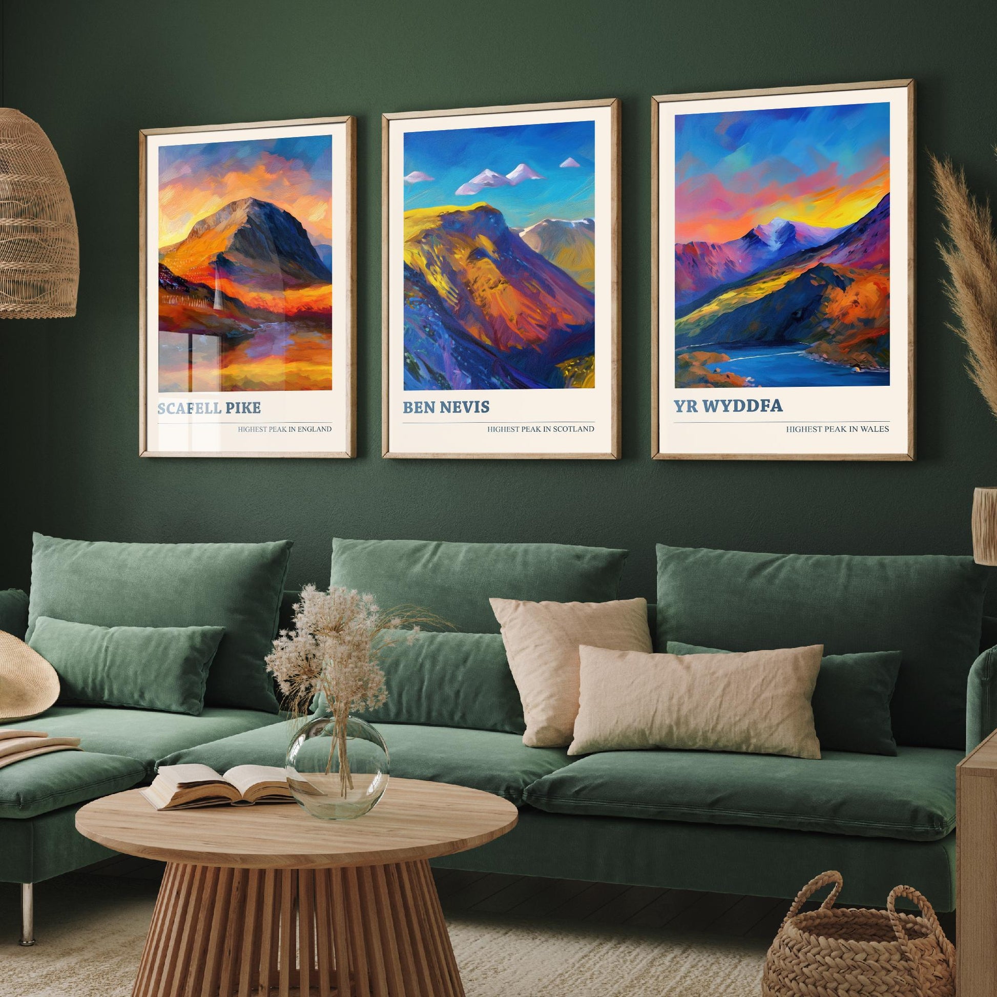 Scafell Pike Ben Nevis Yr Wyddfa Set of Three Art Prints - 3 UK Mountain Posters - Sunset Oil Painting Landscape Gift Wales England