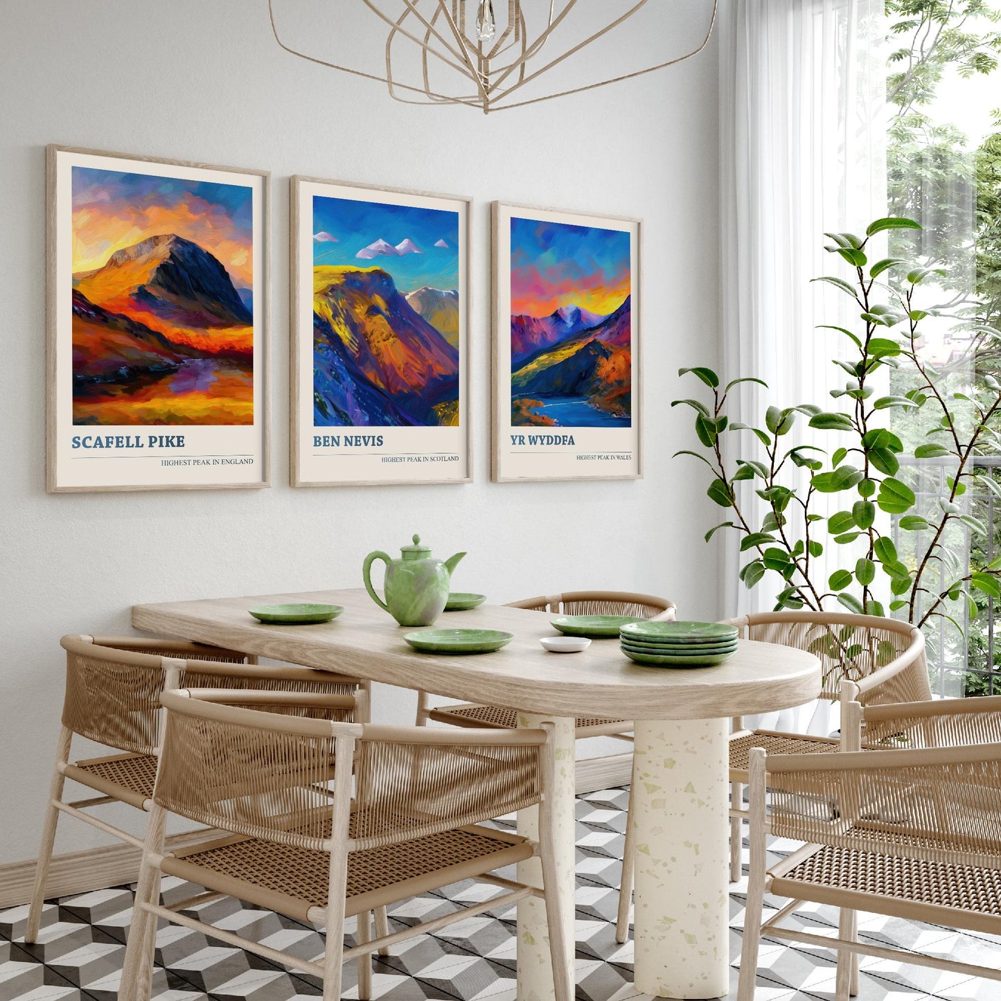 Scafell Pike Ben Nevis Yr Wyddfa Set of Three Art Prints - 3 UK Mountain Posters - Sunset Oil Painting Landscape Gift Wales England