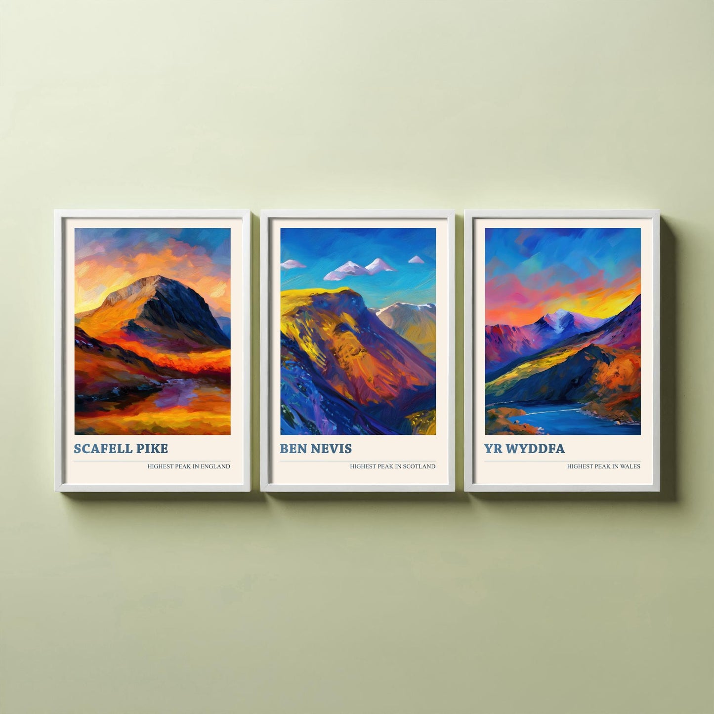 Scafell Pike Ben Nevis Yr Wyddfa Set of Three Art Prints - 3 UK Mountain Posters - Sunset Oil Painting Landscape Gift Wales England