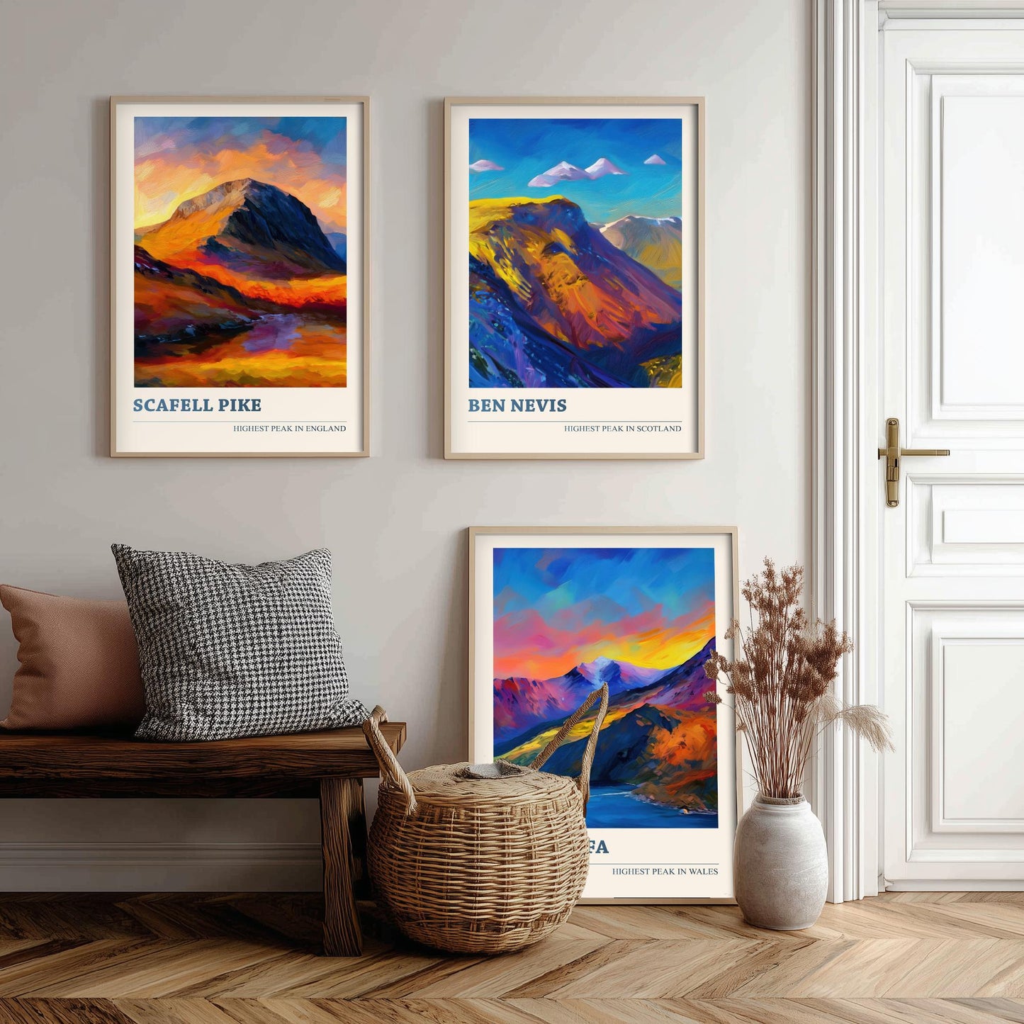 Scafell Pike Ben Nevis Yr Wyddfa Set of Three Art Prints - 3 UK Mountain Posters - Sunset Oil Painting Landscape Gift Wales England