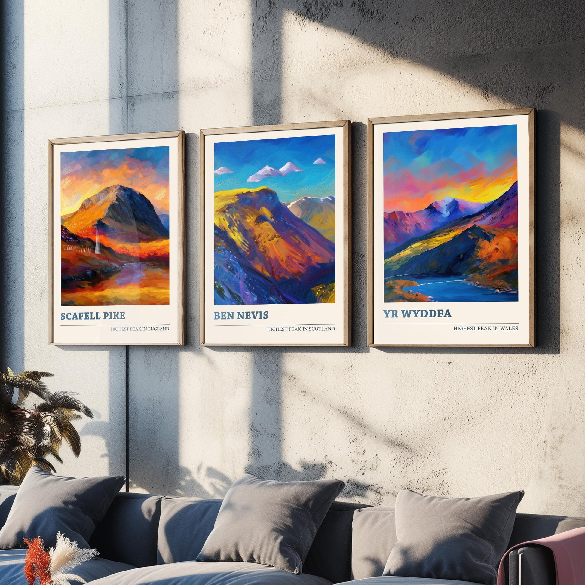 Scafell Pike Ben Nevis Yr Wyddfa Set of Three Art Prints - 3 UK Mountain Posters - Sunset Oil Painting Landscape Gift Wales England