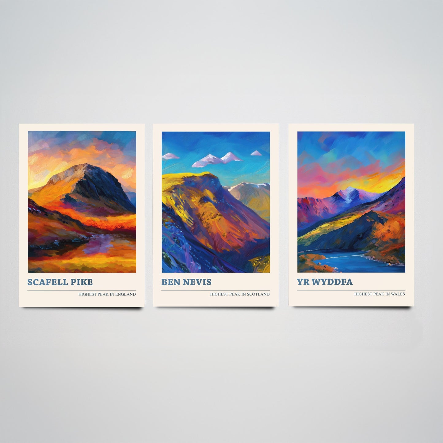 Scafell Pike Ben Nevis Yr Wyddfa Set of Three Art Prints - 3 UK Mountain Posters - Sunset Oil Painting Landscape Gift Wales England