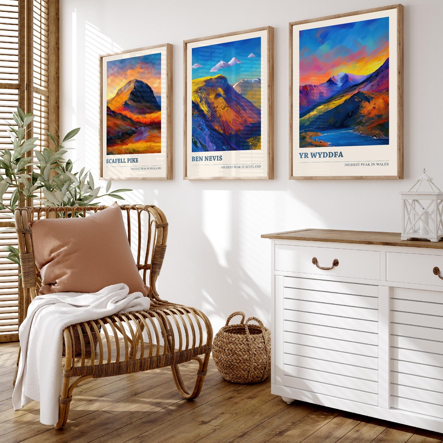 Scafell Pike Ben Nevis Yr Wyddfa Set of Three Art Prints - 3 UK Mountain Posters - Sunset Oil Painting Landscape Gift Wales England