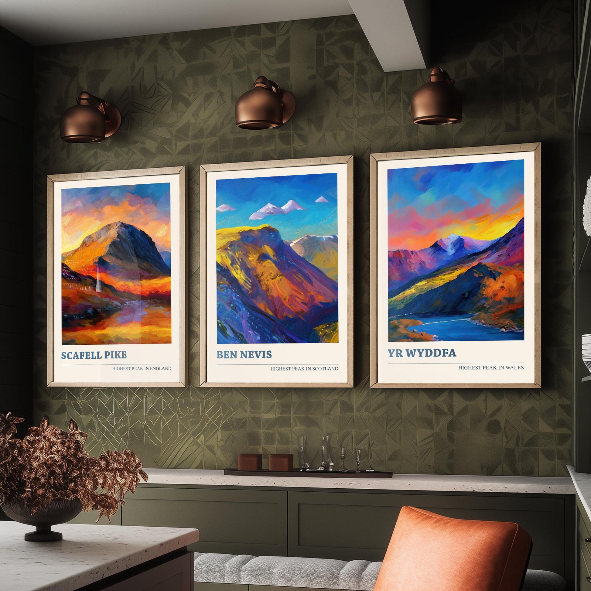 Scafell Pike Ben Nevis Yr Wyddfa Set of Three Art Prints - 3 UK Mountain Posters - Sunset Oil Painting Landscape Gift Wales England