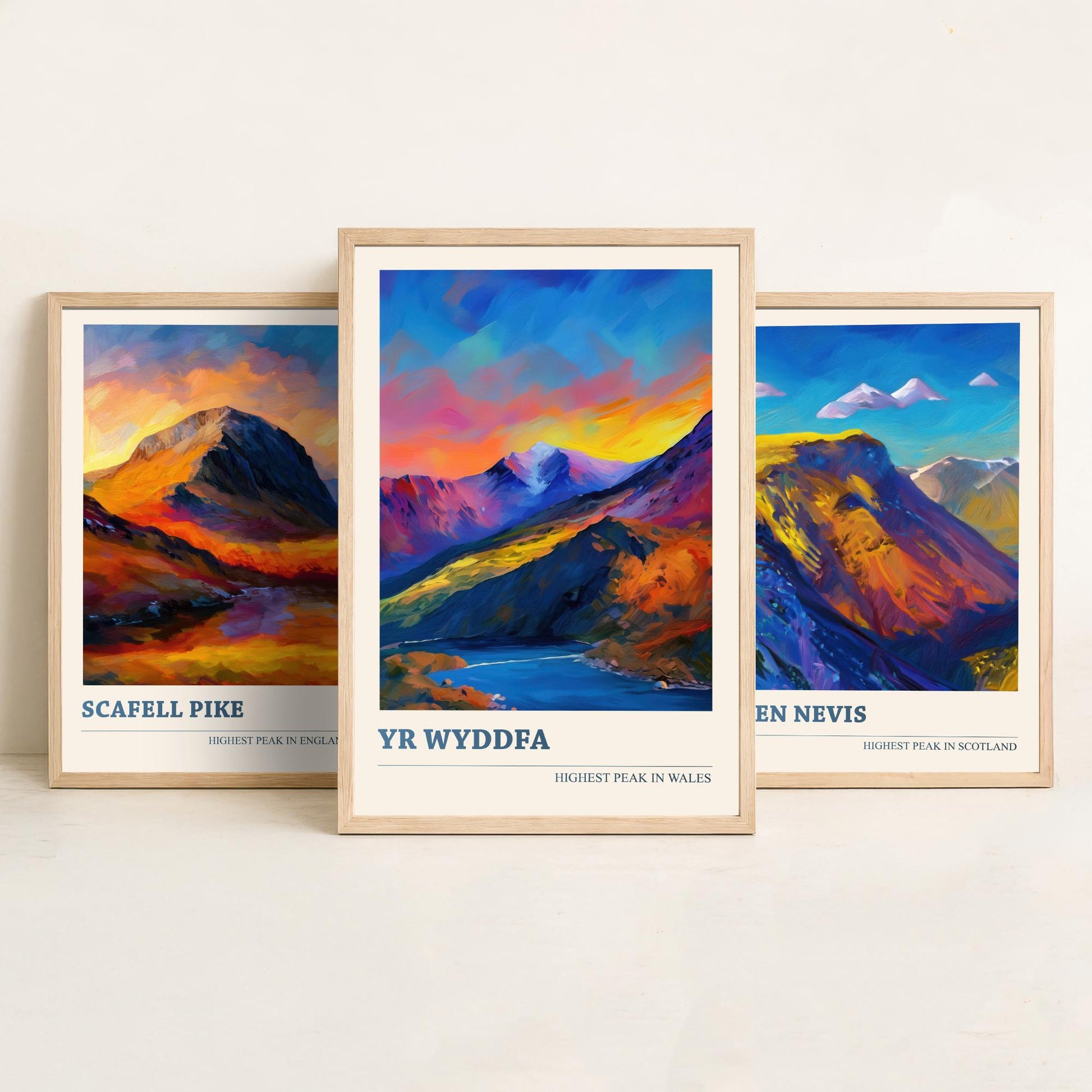 Scafell Pike Ben Nevis Yr Wyddfa Set of Three Art Prints - 3 UK Mountain Posters - Sunset Oil Painting Landscape Gift Wales England